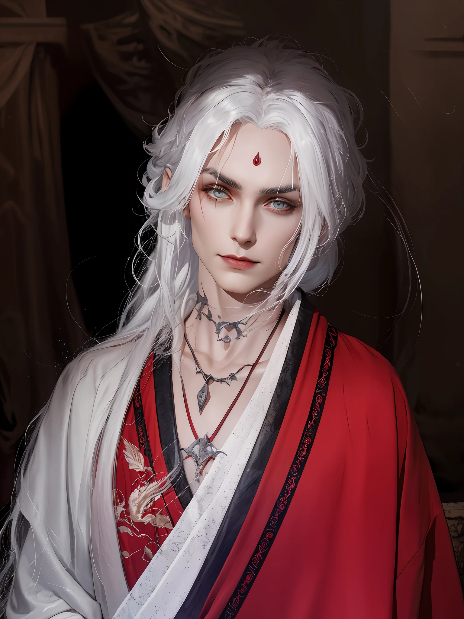 Close-up of a young vampire with white hair and red robes, showing two fangs, white fangs, vampire fangs, long white hair, long white hair, red gorgeous robes, gorgeous embroidered robes, male vampires of the clan Banu Hakim with white fangs exposed, very detailed face, faint milky porcelain skin, two vampire fangs, the background is a valley full of red flowers, red flowers, the sky is full of burning clouds