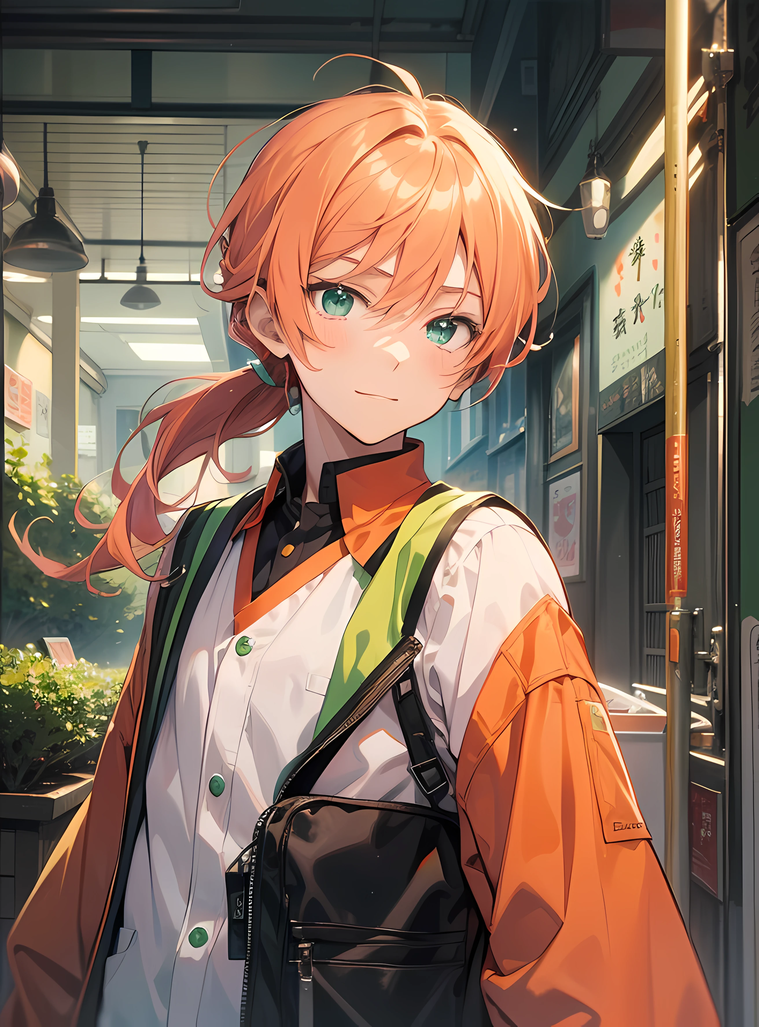 Masterpiece, best quality, anime boy with pink orange hair and emerald colored eyes in a green vest, inspired by the anime manga by Byoshimin, popular in pixiv, Shin hanga, anime characters, as anime characters, orange hair anime boys, male anime characters, Mitsuharu Goto, Kajikataru, ponytail long hair, soft lighting, bright smiles