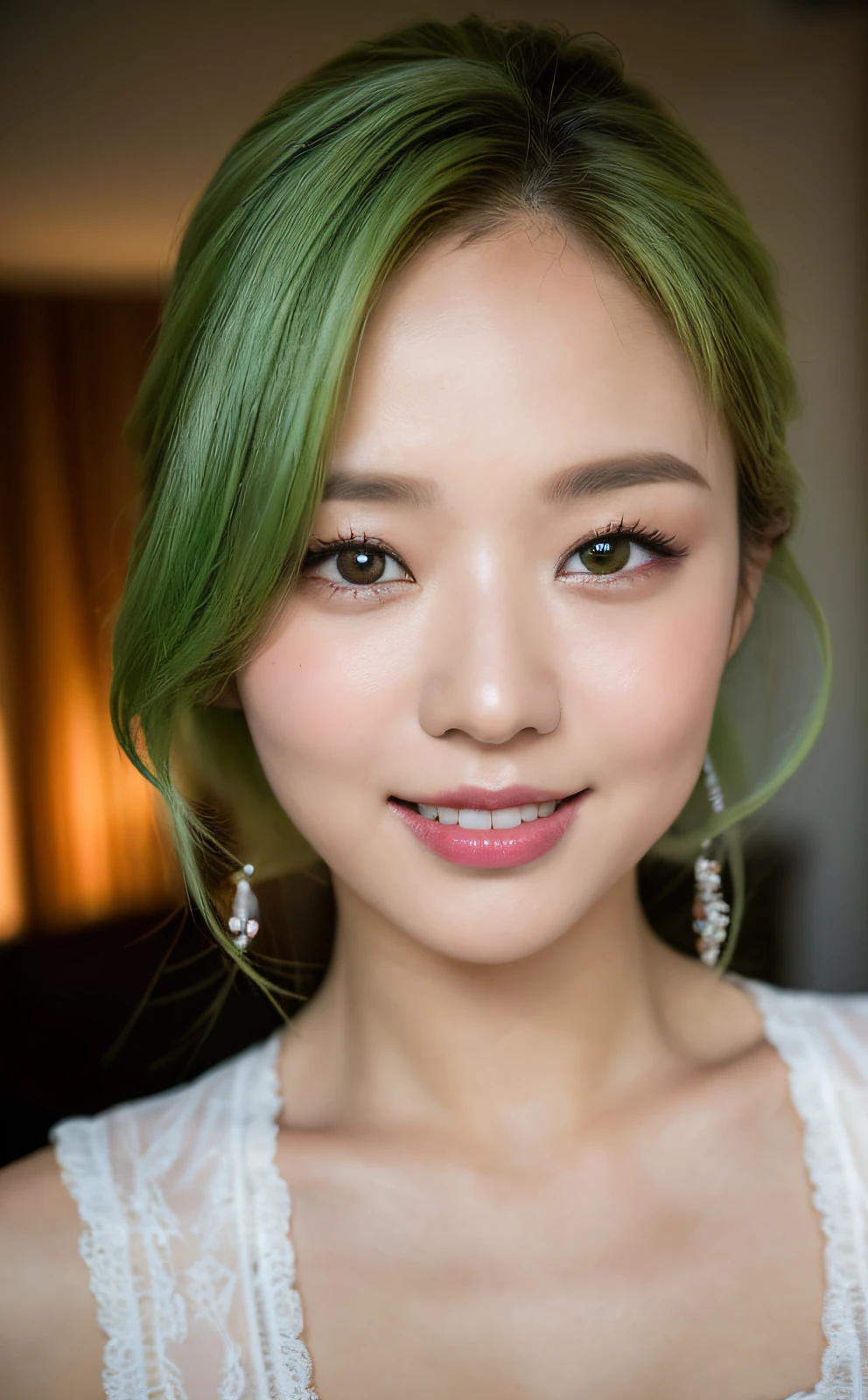 (8k high quality masterpiece, sexy woman 1 person: 1.3, super detailed face, single eyelid, transparent underwear), green hair, night, on bed, baby face, smile, sexy lingerie, osaka woman, erotic face, osaka night city