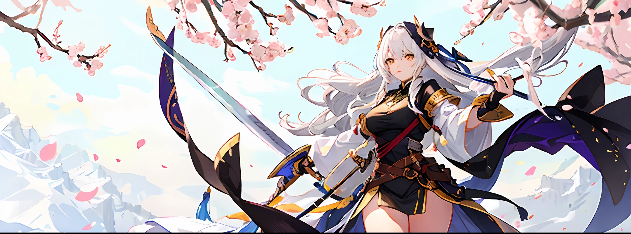 Pseudo-thick painting, holding two swords, white-haired female creation god, cold as plum blossoms