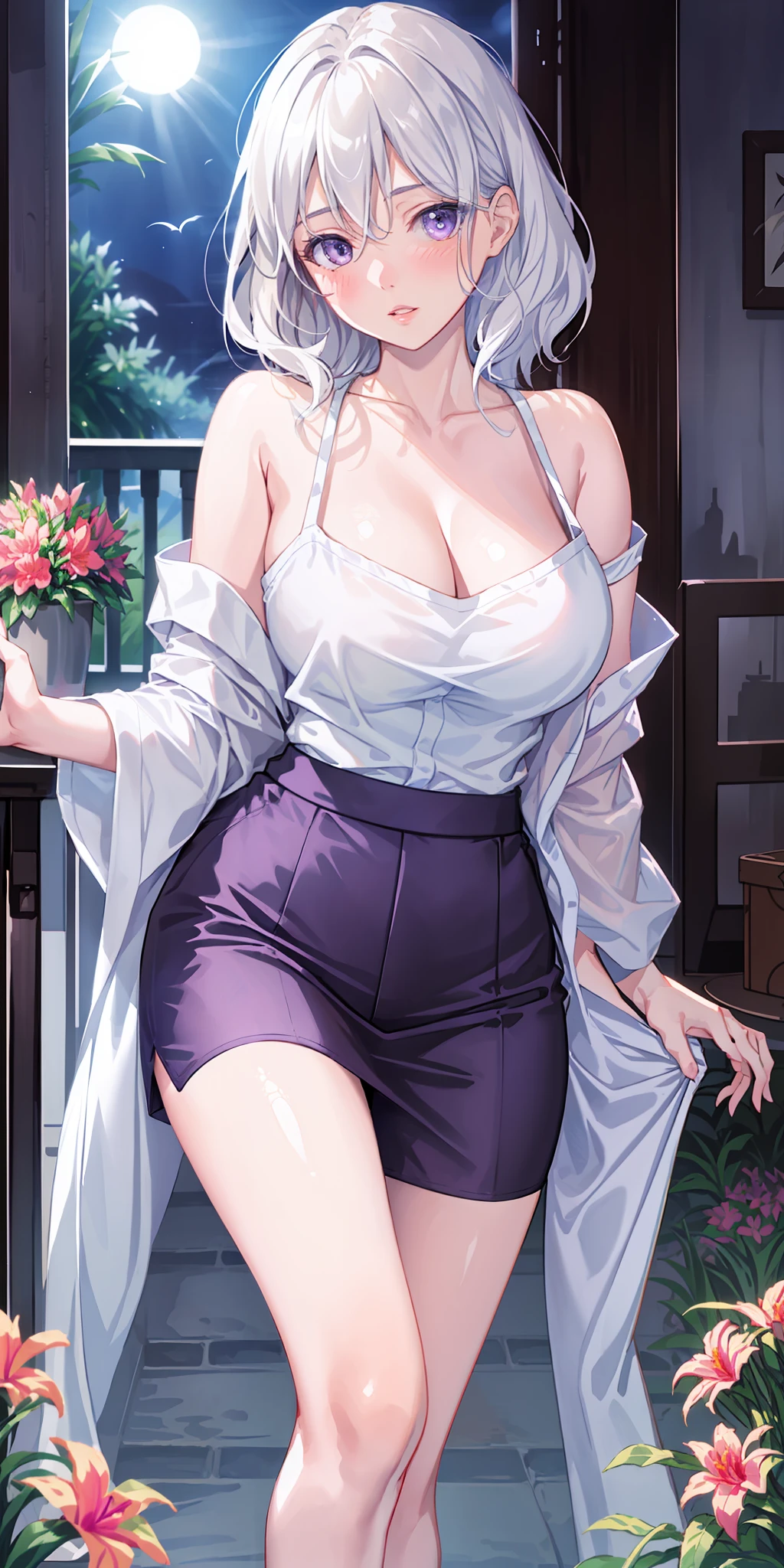 Realistic, 1girl, white hair, purple eyes, glowing eyes, cropped top, skirt, parted lips, blush, night, flowers, sun, sunlight, azure route saint luis, big breasts