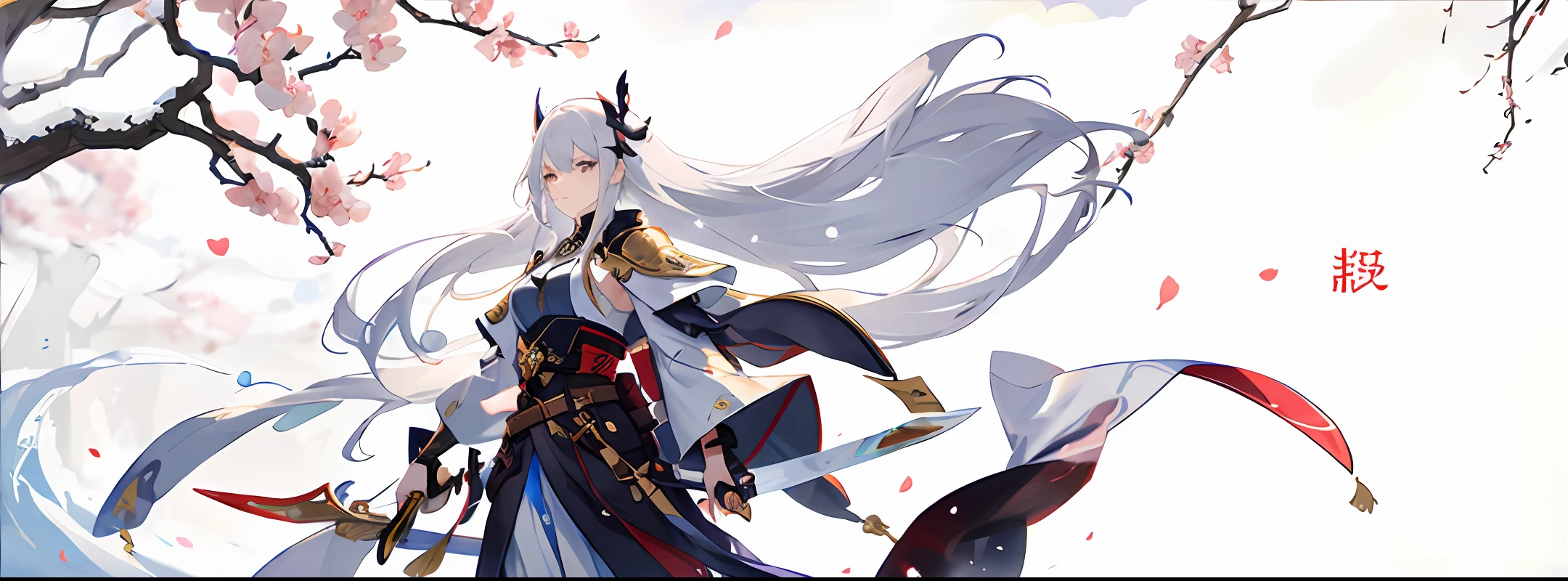 Pseudo-thick painting, holding two swords, white-haired female creation god, cold as plum blossoms