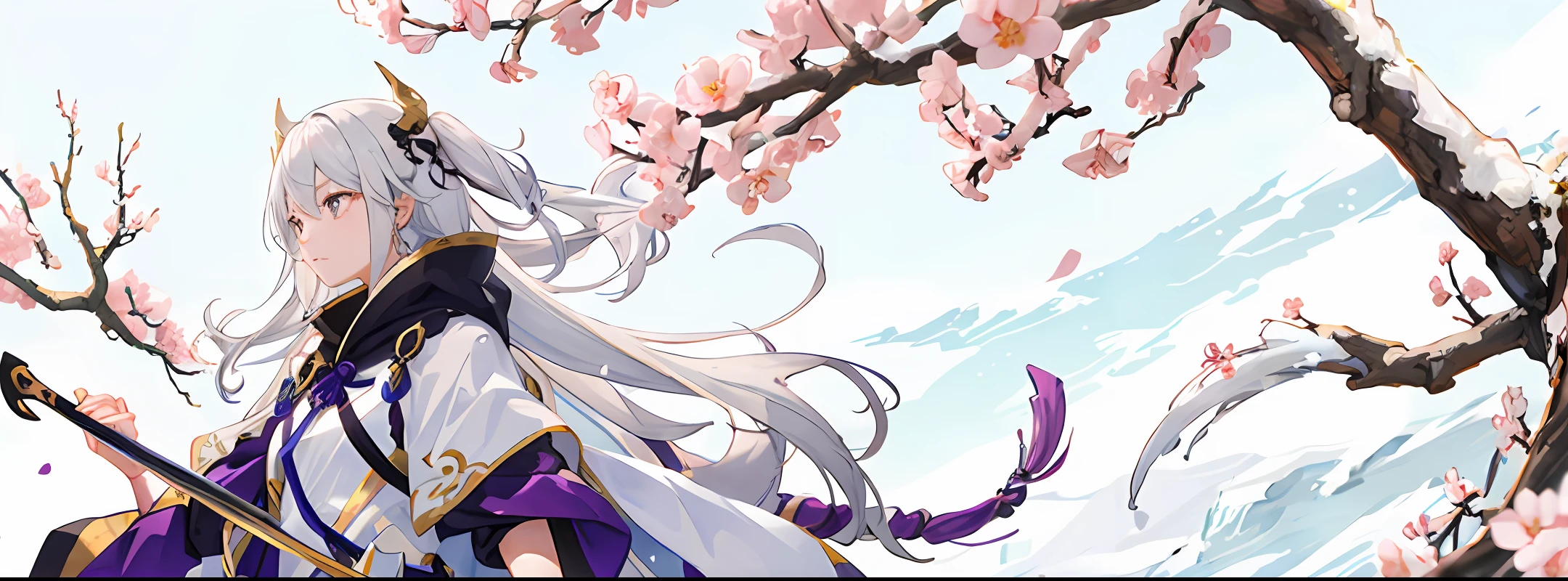 Pseudo-thick painting, holding two swords, white-haired female creation god, cold as plum blossoms
