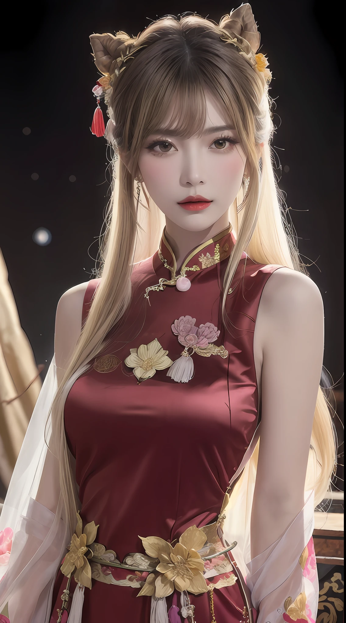 Woman wearing red and gold dress, flower background, palace, hanfu girl, wearing red cheongsam, chinese style, with ancient chinese costume, wearing ancient chinese costume, traditional beauty, Chinese Traditional, chinese girl, cheongsam, chinese costume, chinese princess, hanfu, chinese traditional clothing, chinese costume, 1 27-year-old girl, 1 zodiac goddess from the future, goddess of the pink and purple 12 zodiacs, the goddess of the zodiac in a yellow ao dai, a 12 zodiac ao dai with many black lace detail, mythology Goddess of the 12 zodiacs from the future, zodiac ♏, luxurious glittering zodiac style, dark and mysterious version, zodiac crown, lipstick lips red, thin and beautiful lips, mouth closed, characters made by karol bak and pino daeni, intricate detail, detailed background, extremely detailed, light magic, a woman, clear face, hair long with bangs, beautiful face in detail and well-proportioned eyes, (transparent yellow eyes: 1.8), big round eyes and very beautiful and detailed makeup, foresight, silk dress, mysterious makeup , double bangs and dyed light blonde , upper half portrait, zodiac goddess portrait, arms hanging loosely, Realistic and vivid photo, (stars make up the zodiac: 1.7), (sky background zodiac and fictitious space and time portal: 1.8), fiction art, RAW photo, hanfu picture, best photo, best photo quality, 8k quality, 8k ultra, super realistic, real photo most economical, the goddess poses sexy and seductive,