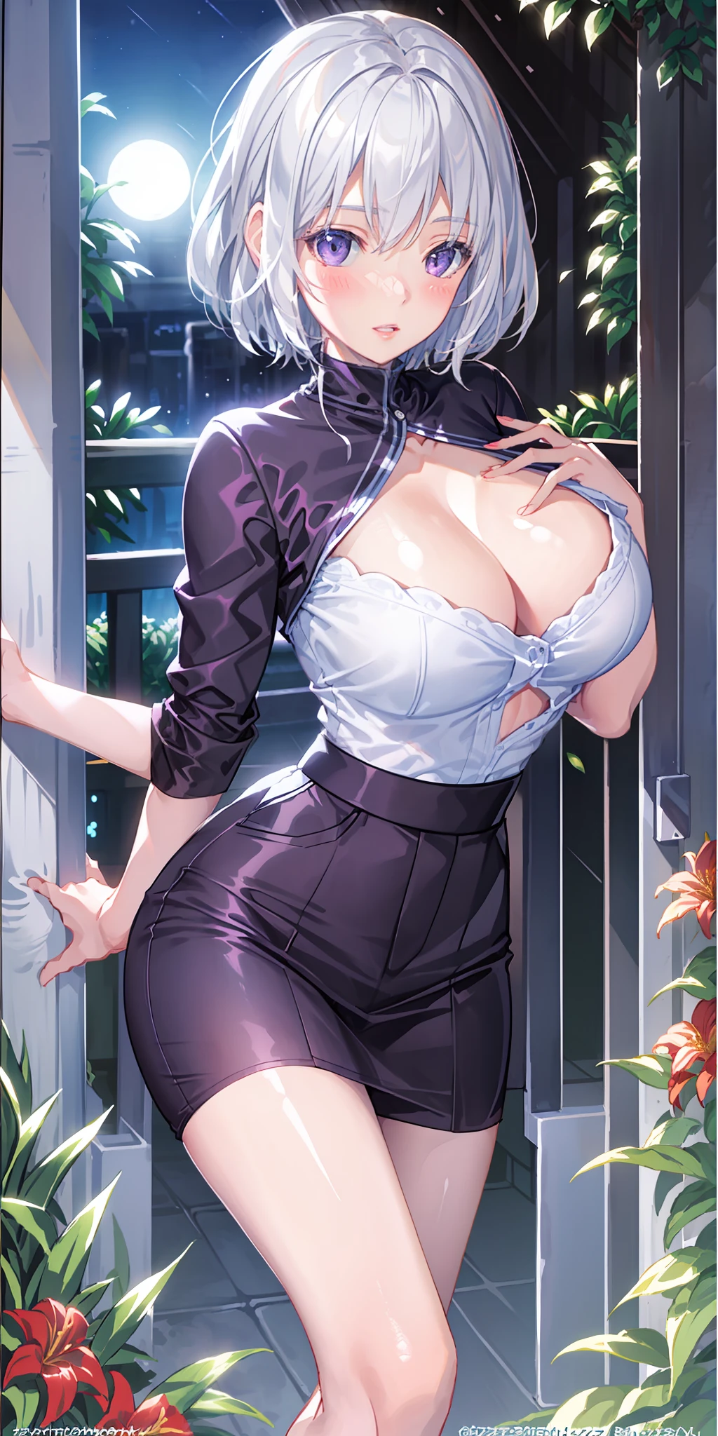 Realistic, 1girl, white hair, purple eyes, glowing eyes, cropped top, skirt, parted lips, blush, night, flowers, sun, sunlight, azure route saint luis, big breasts