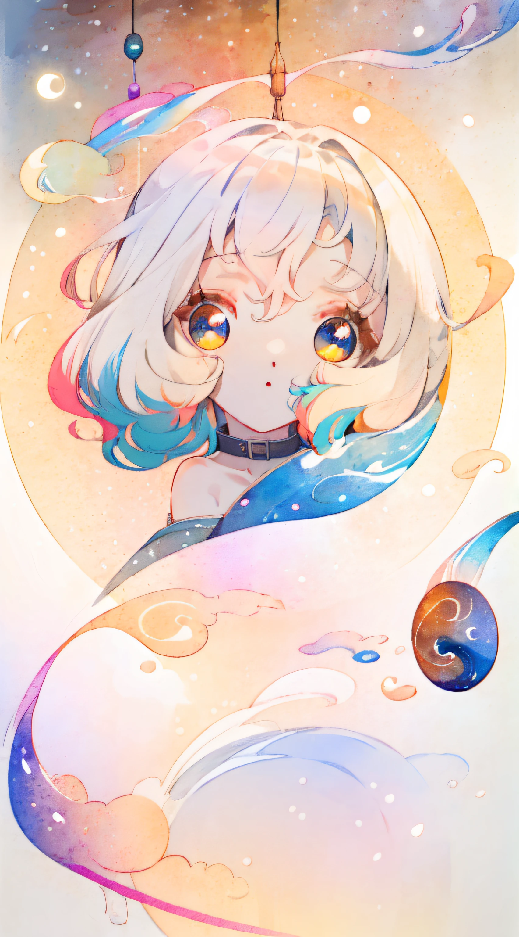-((masterpiece)), (((best quality))), ((ultra-detailed)), ((illustration)),[realism light effect],shadow,(Fantasy style),(white background:1.6), simple background, (earth theme),(a cloak)[(hair focus,((1girl)),[(big slime hair): (cloud hair):0.3], (hair on background),(high saturation),(hair surrounded by galaxy splashes),(hair surrounded by white dot)):((her hair is becoming galaxy clouds,:1.27628), (hair and clothes is galaxy clouds and cluster of stars:1.1025),(a cloak is becoming galaxy clouds)(colorful_galaxy_print_clusters_of_stars_print:1.35),((detailed starry sky with colorful galaxy and galaxy clouds):1.2)):0.35], (((masterpiece))),(((best quality))),((ultra-detailed)),(illustration),(dynamic angle),((floating)),(paint),((disheveled hair)),((beautiful detailed face)),collar,bare shoulders,white hair, ((colorful hair)),((streaked hair)),beautiful detailed eyes,(Gradient color eyes),(((colorful eyes))),(((colorful background))),(((high saturation))),(((surrounded by colorful splashes))),(((surrounded by colorful dot))),colorful bubble,((shining))