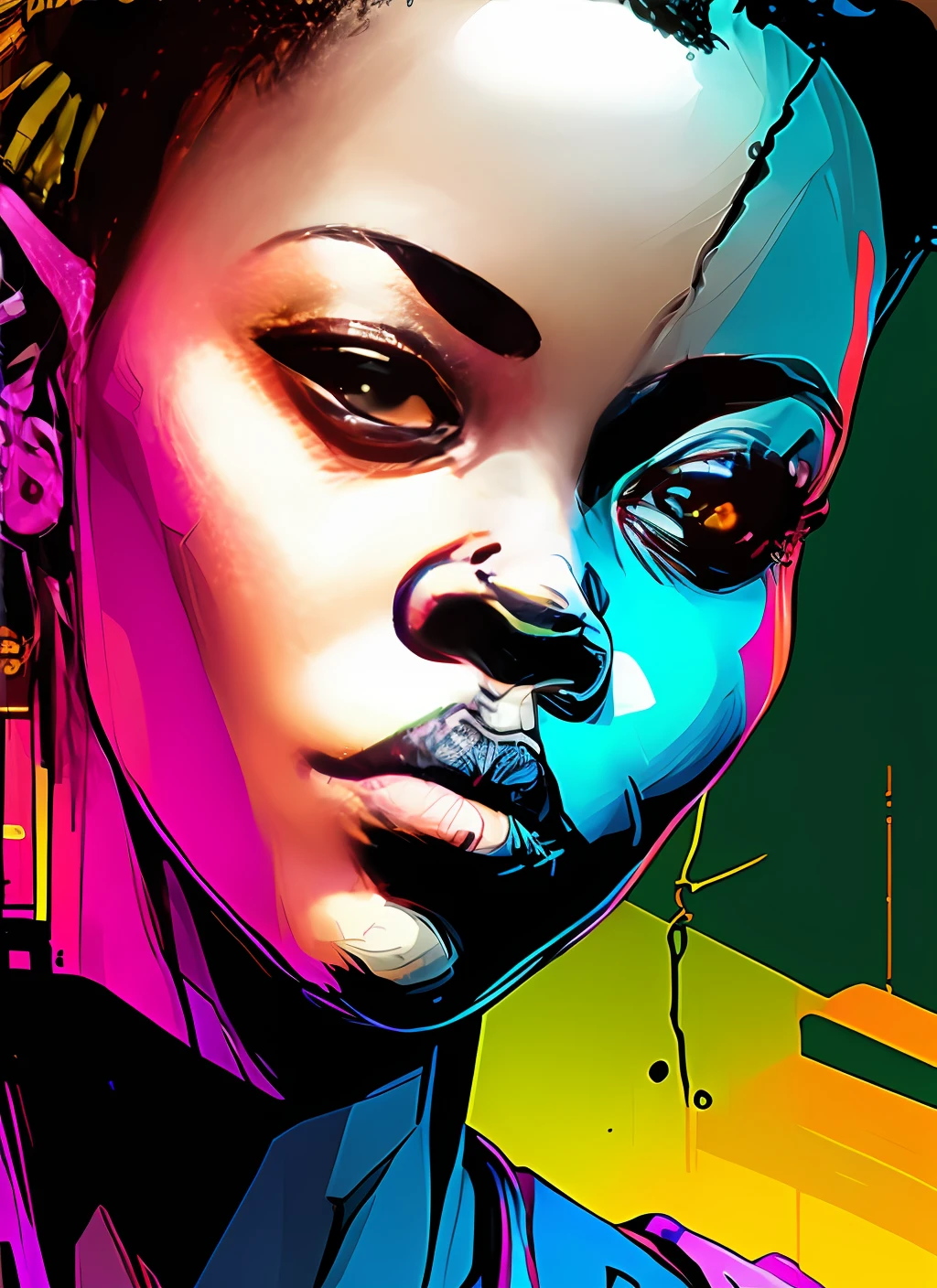 Nvinkpunk, Hyper Realistic Portrait Digital Painting of ((african girl by fallout3 Person)) by Simon Bisley, vivid color scheme, trending on ArtStation, (((highly detailed face and body)), (bokeh)