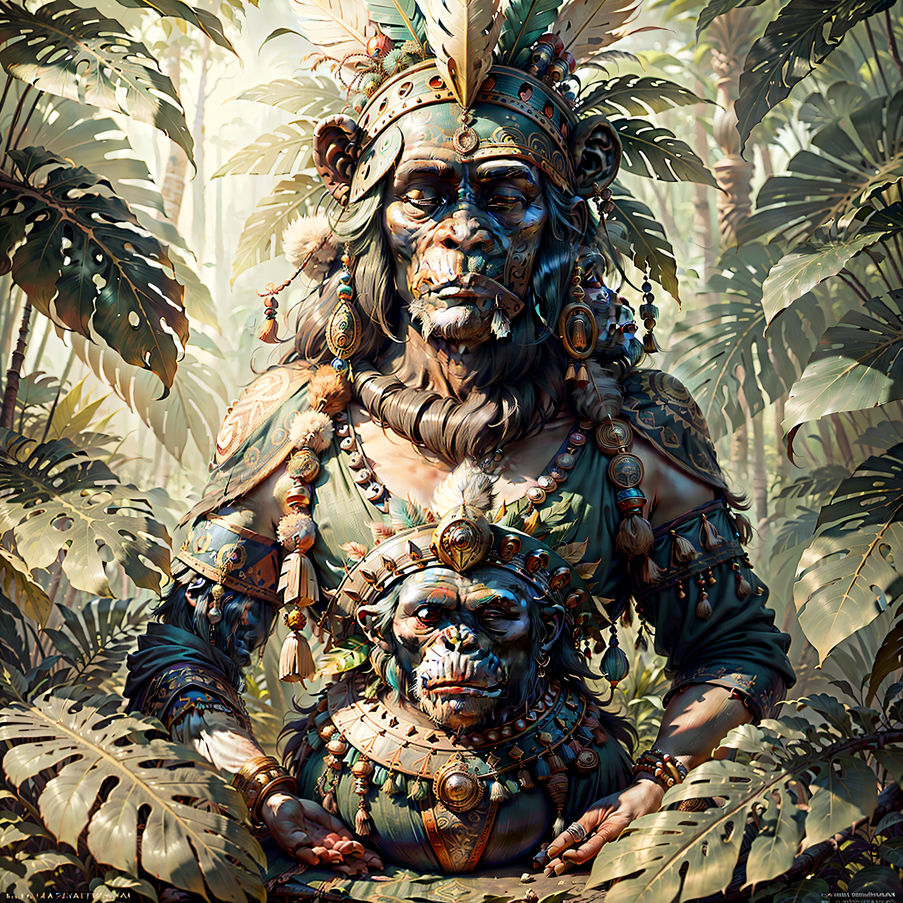 Chimpanzee Head ((Shaman)),,((meditative state),,BUDDHA-style,, ((Buddha)) Shaman, elegant chimpanzee, hair with details, with Indian headdress on head, ((meditating)) many colorful feathers, colorful feathers, facing the camera, detail: dense tropical foliage, highly detailed intricate, ((masterpiece)), ultra hyperrealistic, masterpiece
