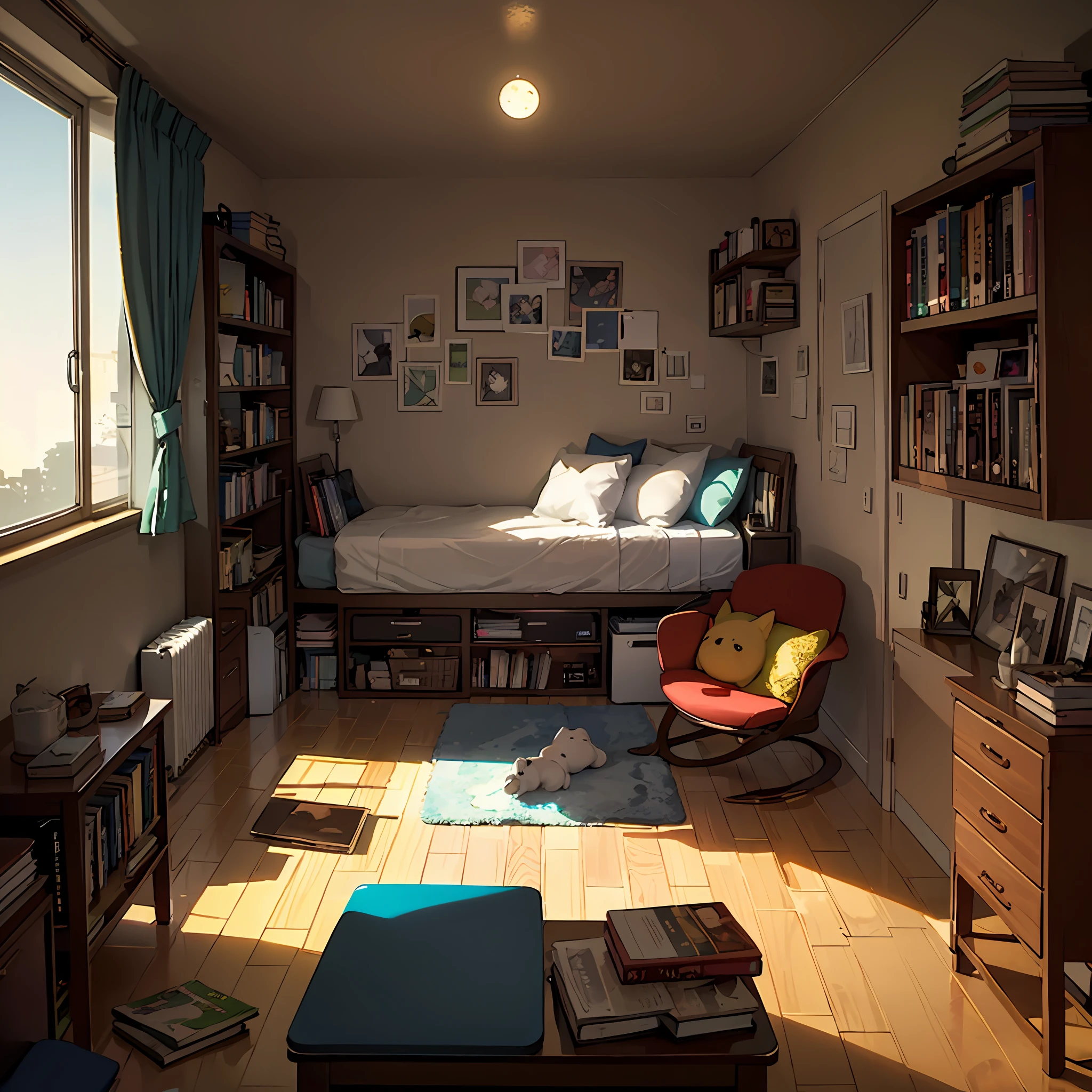 teenage room with books on the floor, messy with the moon in the window--16.9 --auto