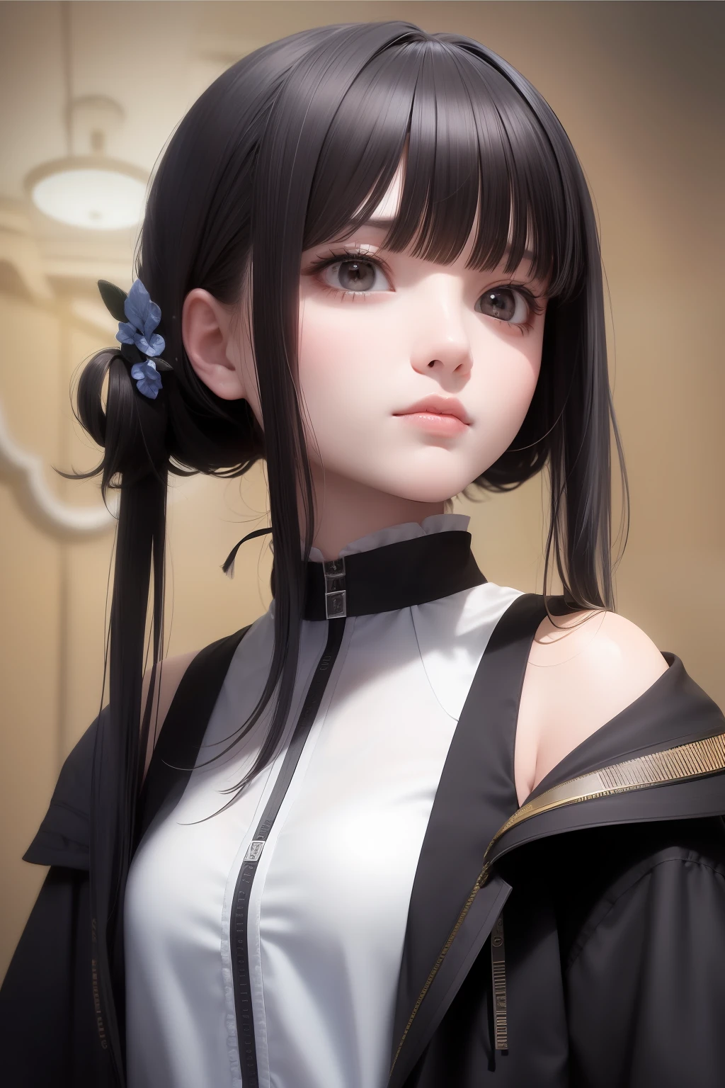 High-quality masterpiece master, make exquisite facial features, portray delicate hair, portray delicate eyes, portray messy hair, delicate colored hair, anime heroine, 4K picture quality gorgeous light and shadow Tyndall effect halo halo messy hair messy girl, shy and tsundere, delicate face, delicate rendering details, masterpiece, high resolution, tracking light Black hair Black silk maid