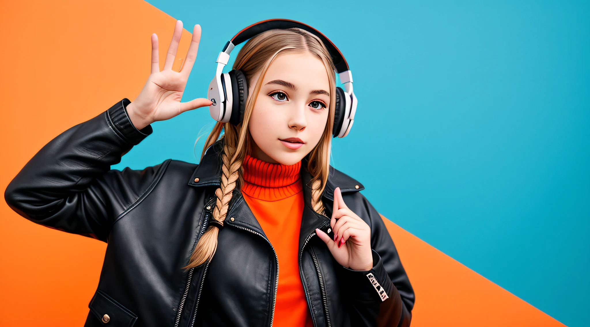 mENINA BLONDE CHILD IN BRAIDS, in leather jacket and headphones making peace sign, girl wearing headphones, with headphones, vibrating with music, with headphones, wearing turtleneck and jacket, dressed in short leather jacket, in front of an orange background, wearing a denim jacket, listening to pious music, Wearing headphones, wearing a leather jacket, she wears a leather jacket