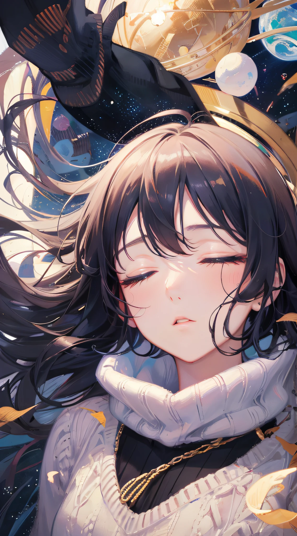 ridiculous resolution, high resolution, (masterpiece:1.4), super detailed, 1boy, seen from above, space, floating, mature woman, best lighting, sweater, sleeping, sleeping beauty, eyes closed, black eyeliner, girl falling from the air --v 6