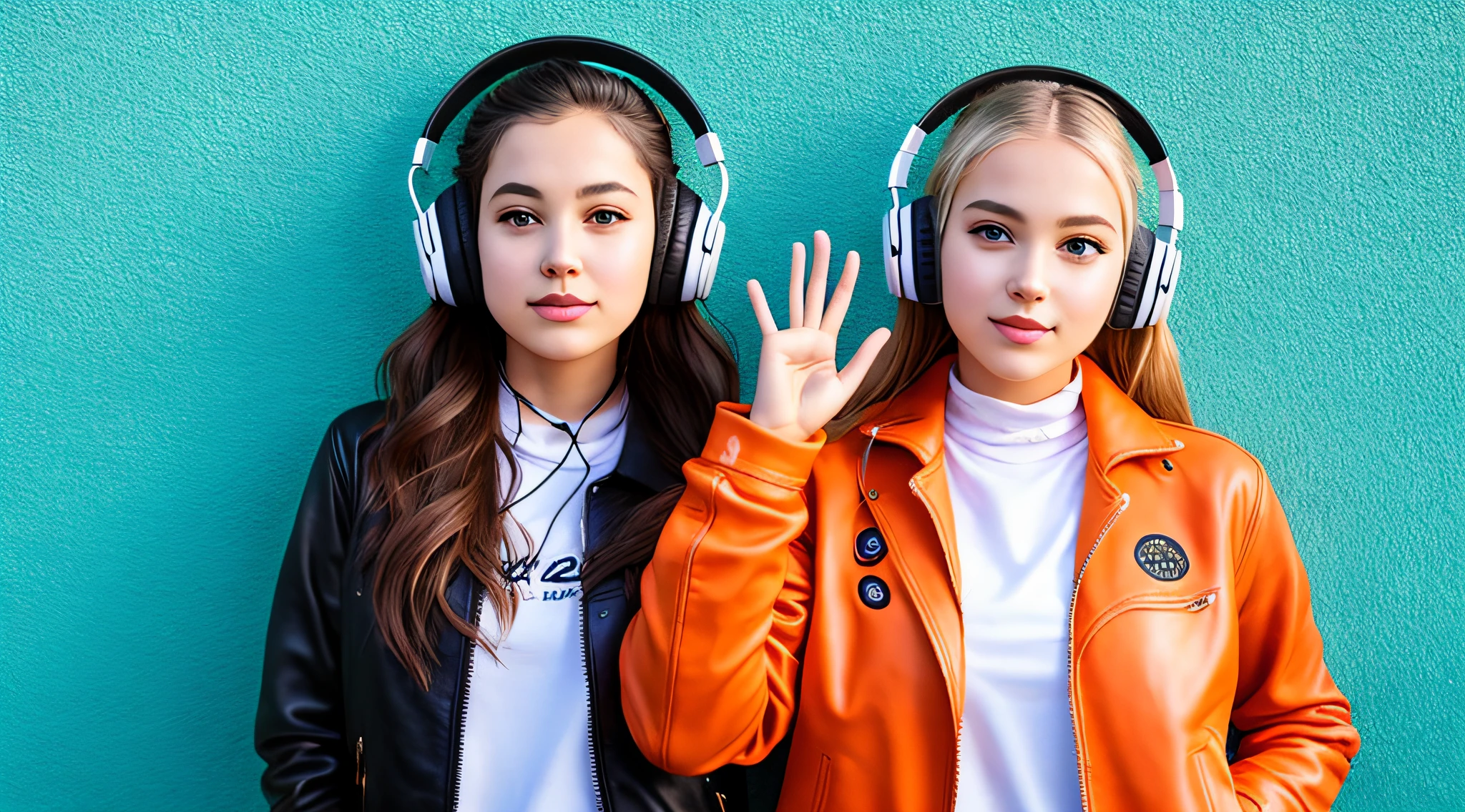 BLONDE CHILD IN BRAIDS, in leather jacket and headphones making peace sign, girl wearing headphones, with headphones, vibrating with music, with headphones, wearing turtleneck and jacket, dressed in short leather jacket, in front of an orange background, wearing a denim jacket, listening to pious music, Wearing headphones, wearing a leather jacket, she wears a leather jacket
