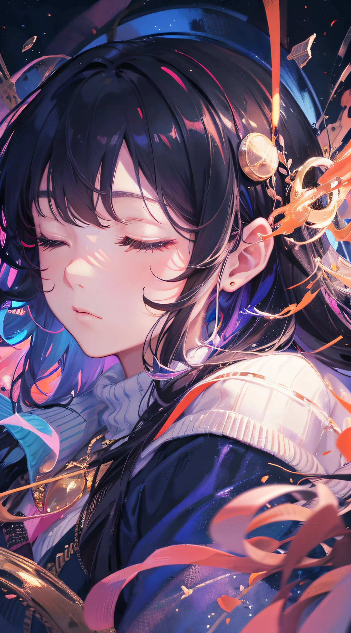 ridiculous resolution, high resolution, (masterpiece:1.4), super detailed, 1boy, seen from above, space, floating, mature woman, best lighting, sweater, sleeping, sleeping beauty, eyes closed, black eyeliner, girl falling from the air --v 6