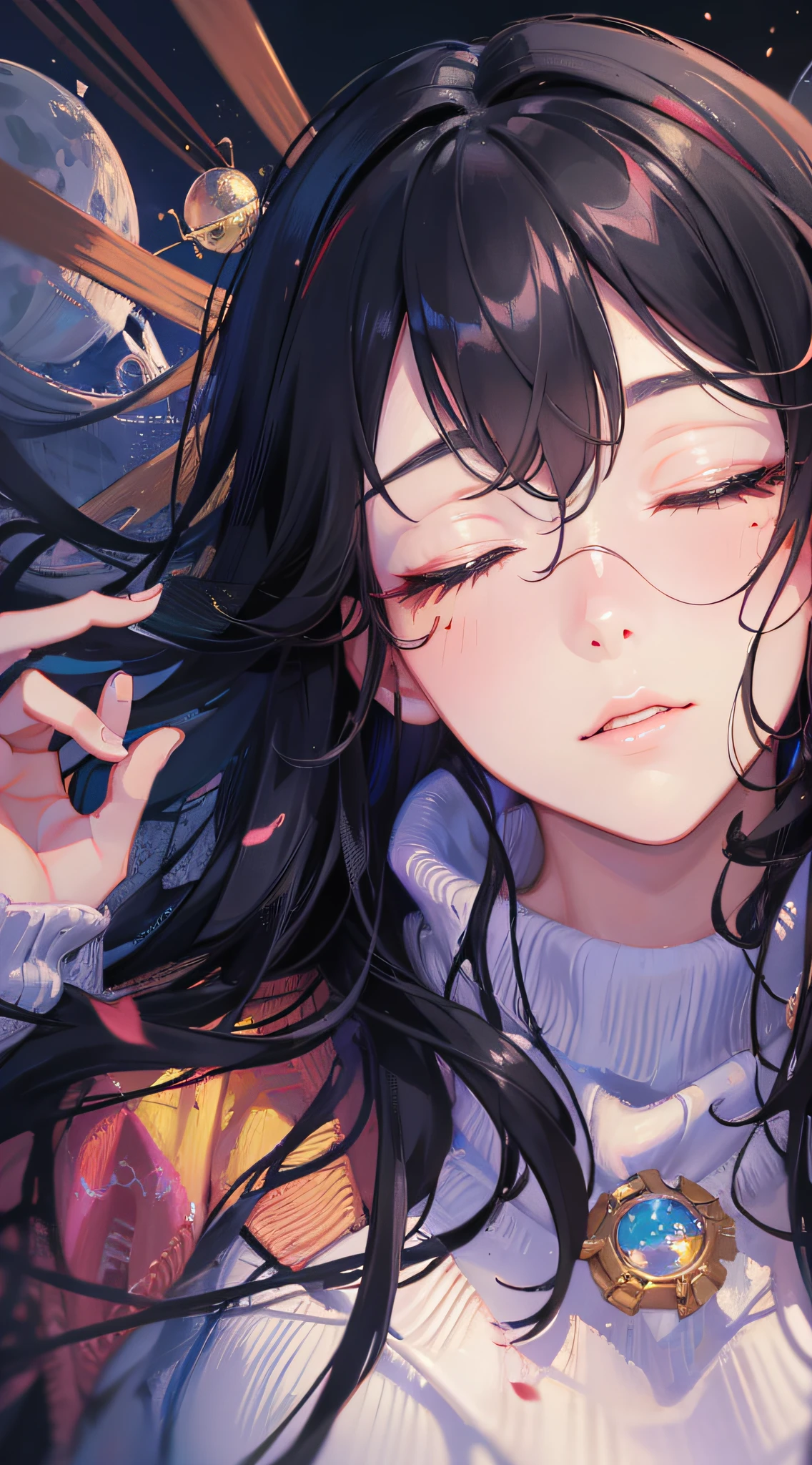 ridiculous resolution, high resolution, (masterpiece:1.4), super detailed, 1boy, seen from above, space, floating, mature woman, best lighting, sweater, sleeping, sleeping beauty, eyes closed, black eyeliner, girl falling from the air --v 6