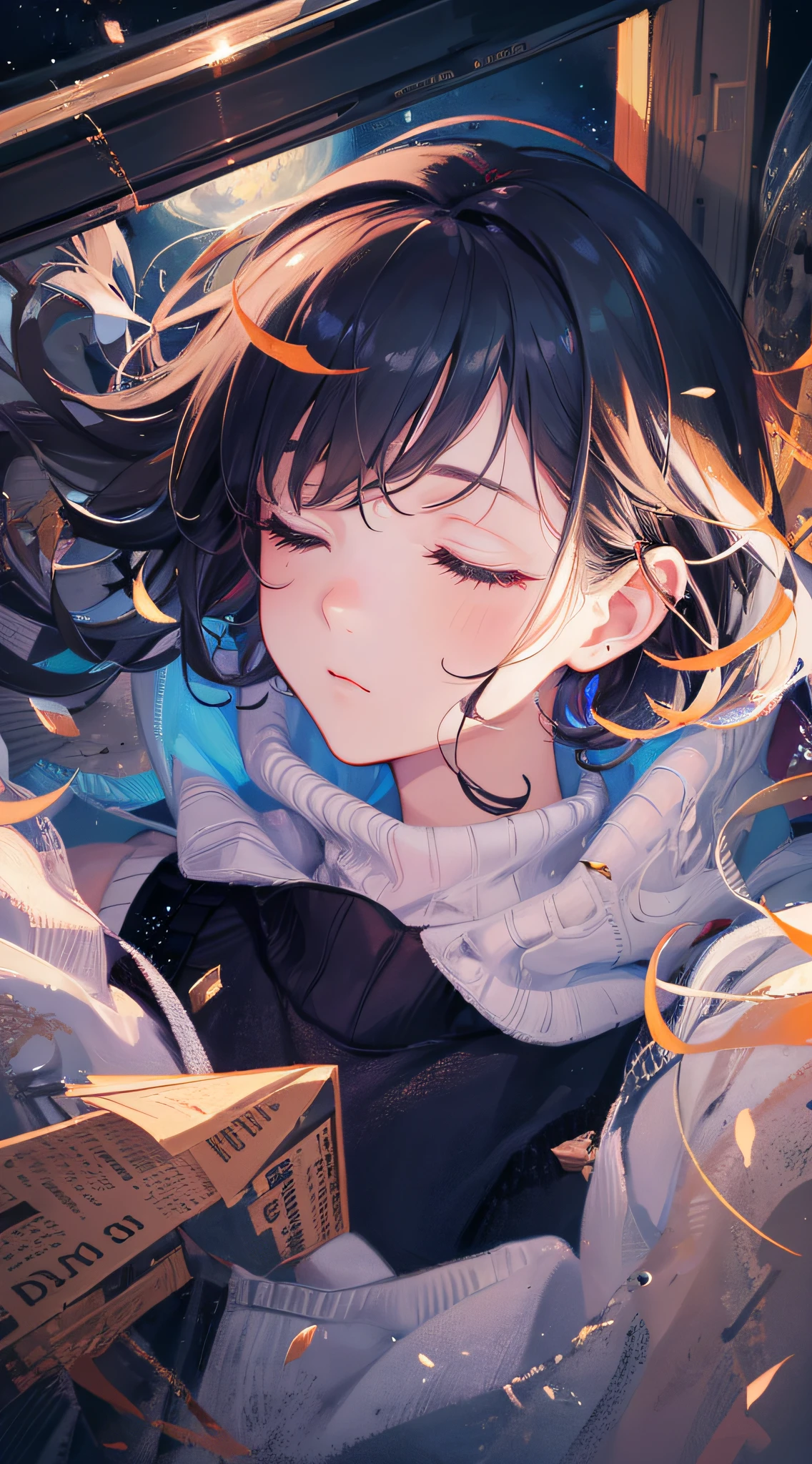 ridiculous resolution, high resolution, (masterpiece:1.4), super detailed, 1boy, seen from above, space, floating, mature woman, best lighting, sweater, sleeping, sleeping beauty, eyes closed, black eyeliner, girl falling from the air --v 6