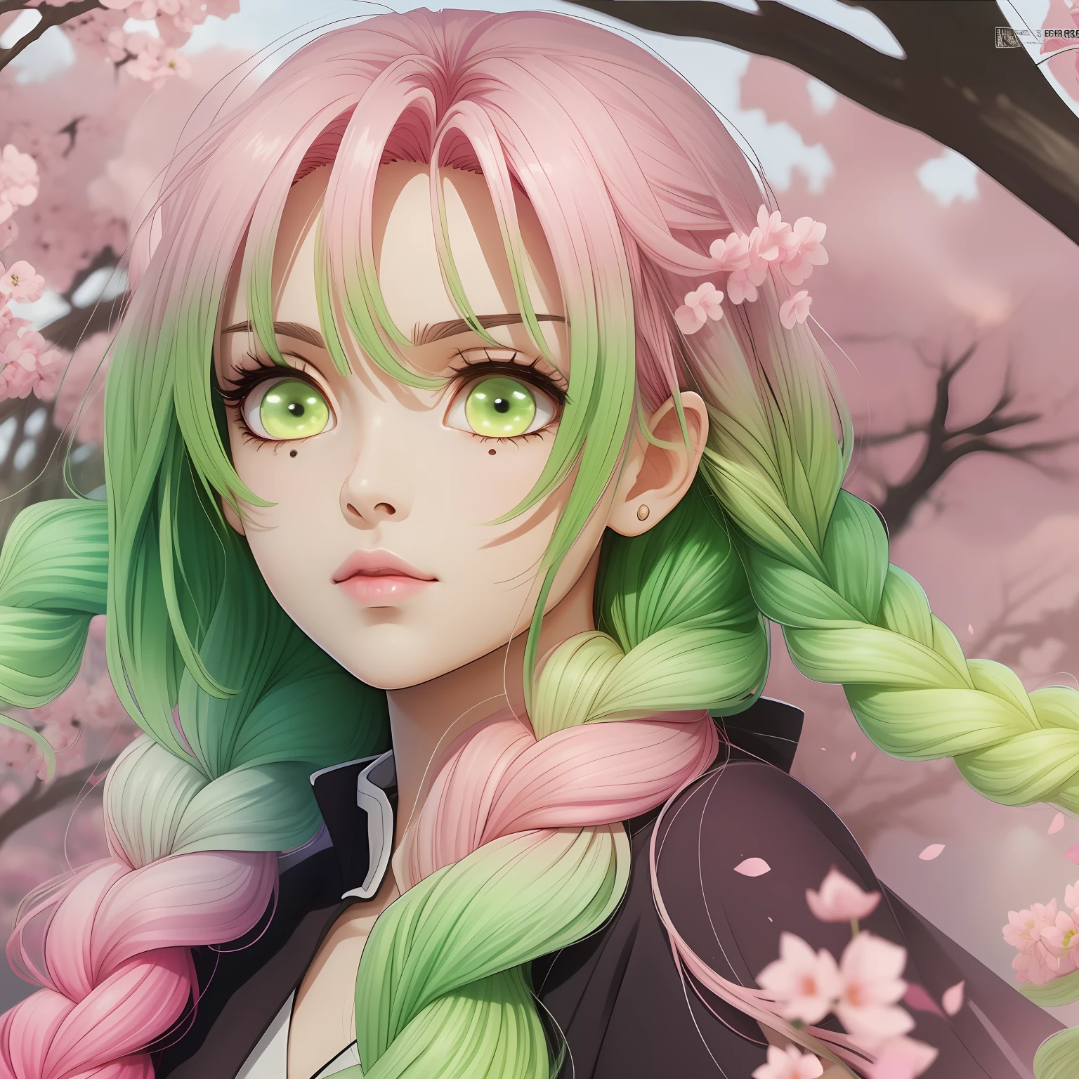 ultra detailed anime style woman, focus on beautiful face with big anime eyes, hyperdetailed face, (dark robes), very light green eyes, big anime eyes, (((gradient color hair from pink to light-green))) (ombre pink hair with light green ends) cherry trees background, 2 long wide braids, illustration, drawing, anime, manga, vector, best quality, ultra detailed 32k resolution,