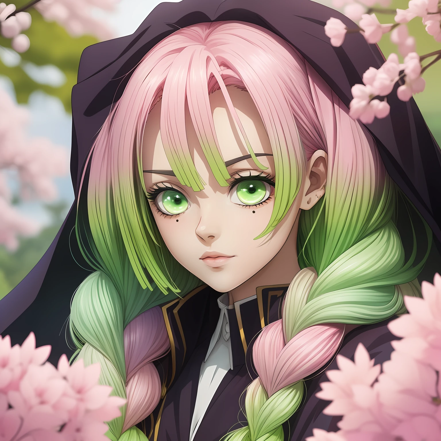 ultra detailed anime style woman, focus on beautiful face with big anime eyes, hyperdetailed face, (dark robes), very light green eyes, big anime eyes, (((gradient color hair from pink to light-green))) (ombre pink hair with light green ends) cherry trees background, 2 long wide braids, illustration, drawing, anime, manga, vector, best quality, ultra detailed 32k resolution,