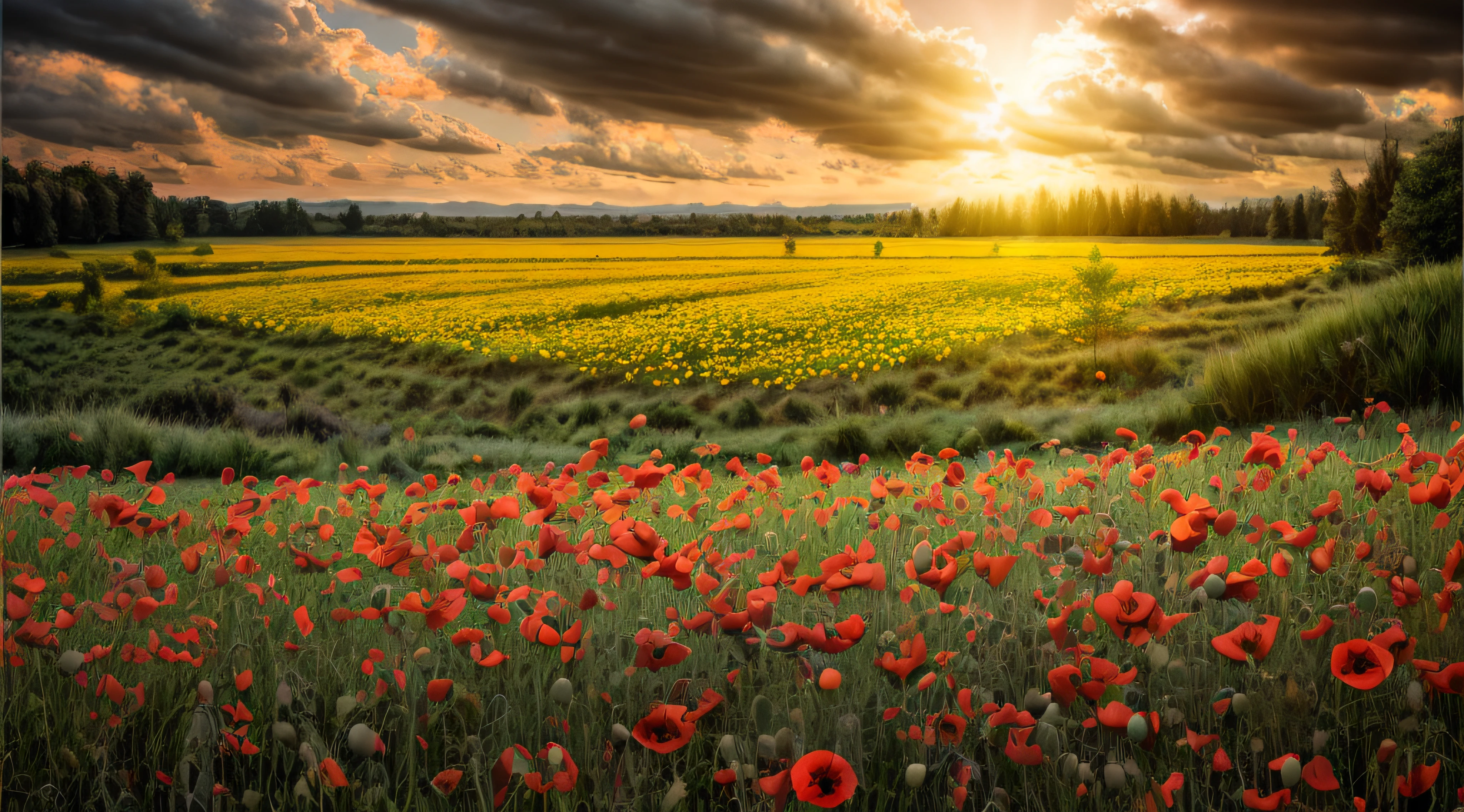 poppy field, overcast sky, forest on the horizon, white sun
