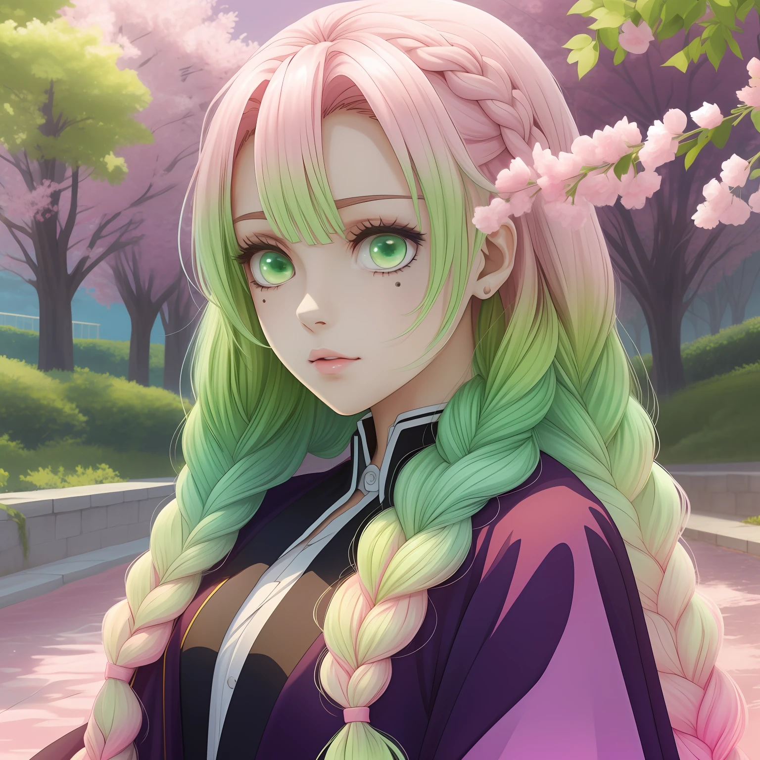 ultra detailed anime style woman, focus on beautiful face with big anime eyes, hyperdetailed face, (dark robes), very light green eyes, big anime eyes, (((gradient color hair from pink to light-green))) (ombre pink hair with light green ends) cherry trees background, 2 long wide braids, illustration, drawing, anime, manga, vector, best quality, ultra detailed 32k resolution,