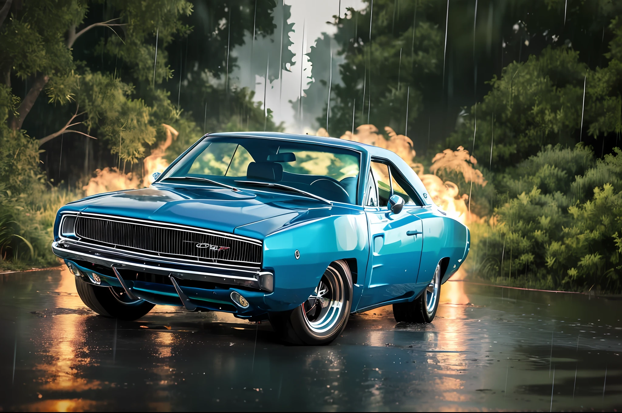 Somber photo of a 1968 Dodge Charger car Candy pink, eye-catching, wide Daytona tires, green wheels, fire in exhaust, drifting through the jungle (at night), ((heavy rain)), panthers and leopards walking, ((night)), high detail, sharp focus, (photorealism), realistic, best quality, 8K, award-winning, dramatic lighting, epic, cinematic, masterpiece, tire light, ambient fog:  1.2, summer, heat distortion, black birds,