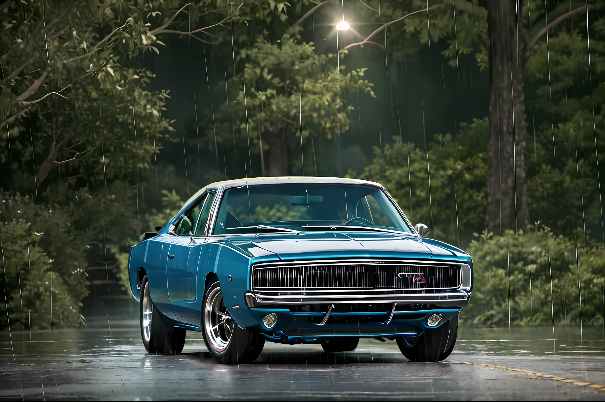 Somber photo of a 1968 Dodge Charger car Candy pink, eye-catching, wide Daytona tires, green wheels, fire in exhaust, drifting through the jungle (at night), ((heavy rain)), panthers and leopards walking, ((night)), high detail, sharp focus, (photorealism), realistic, best quality, 8K, award-winning, dramatic lighting, epic, cinematic, masterpiece, tire light, ambient fog: 1.2, summer, heat distortion, black birds,