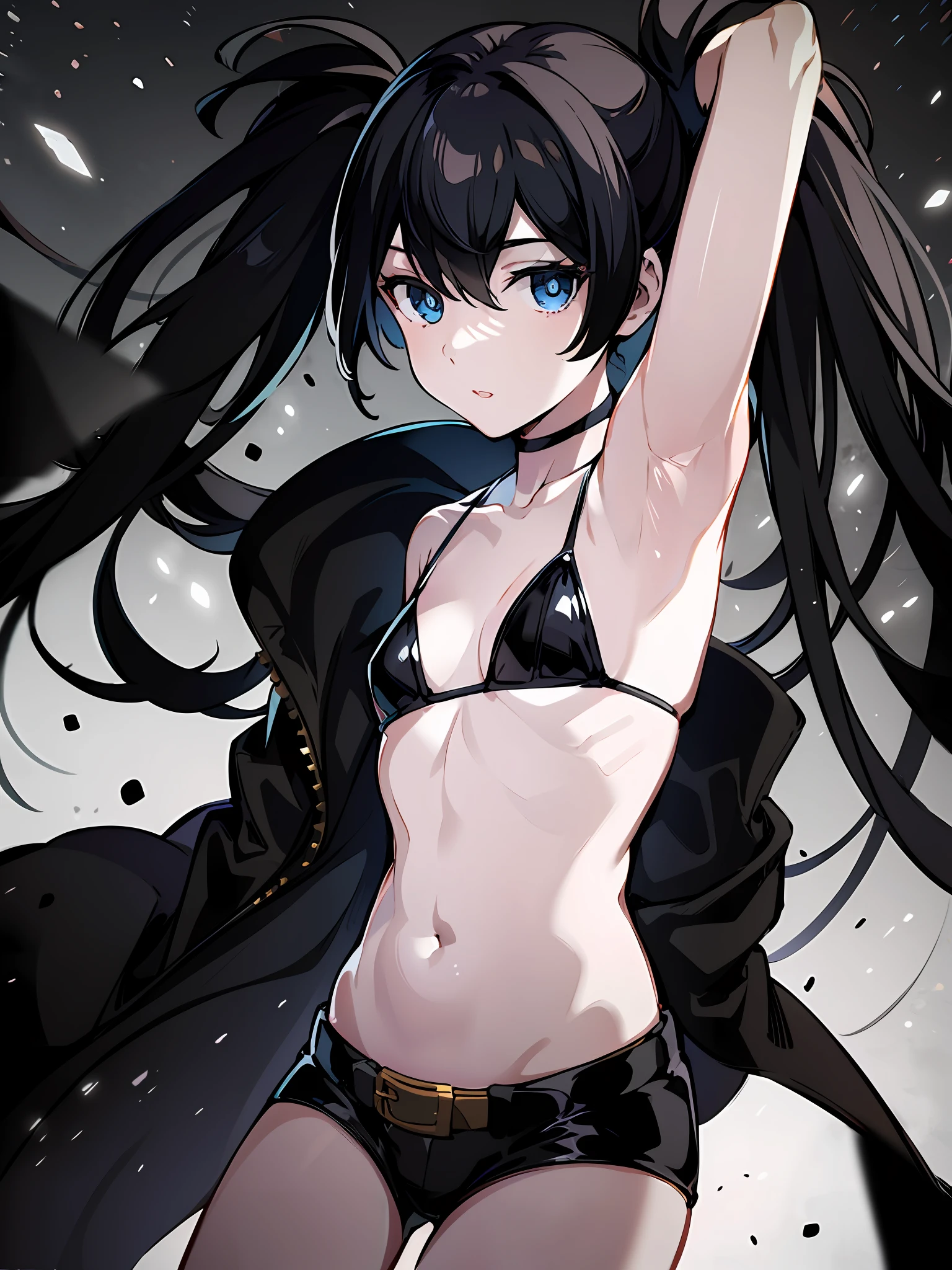 1girl, (solo:1.2), ((masterpiece)), (shadow), [slim], (small breasts), ((sharp focus)), pale skin, ((detailed eyes)), (blurry background), black rock shooter, twintails, blue eyes, black hair, (shorts), collarbone