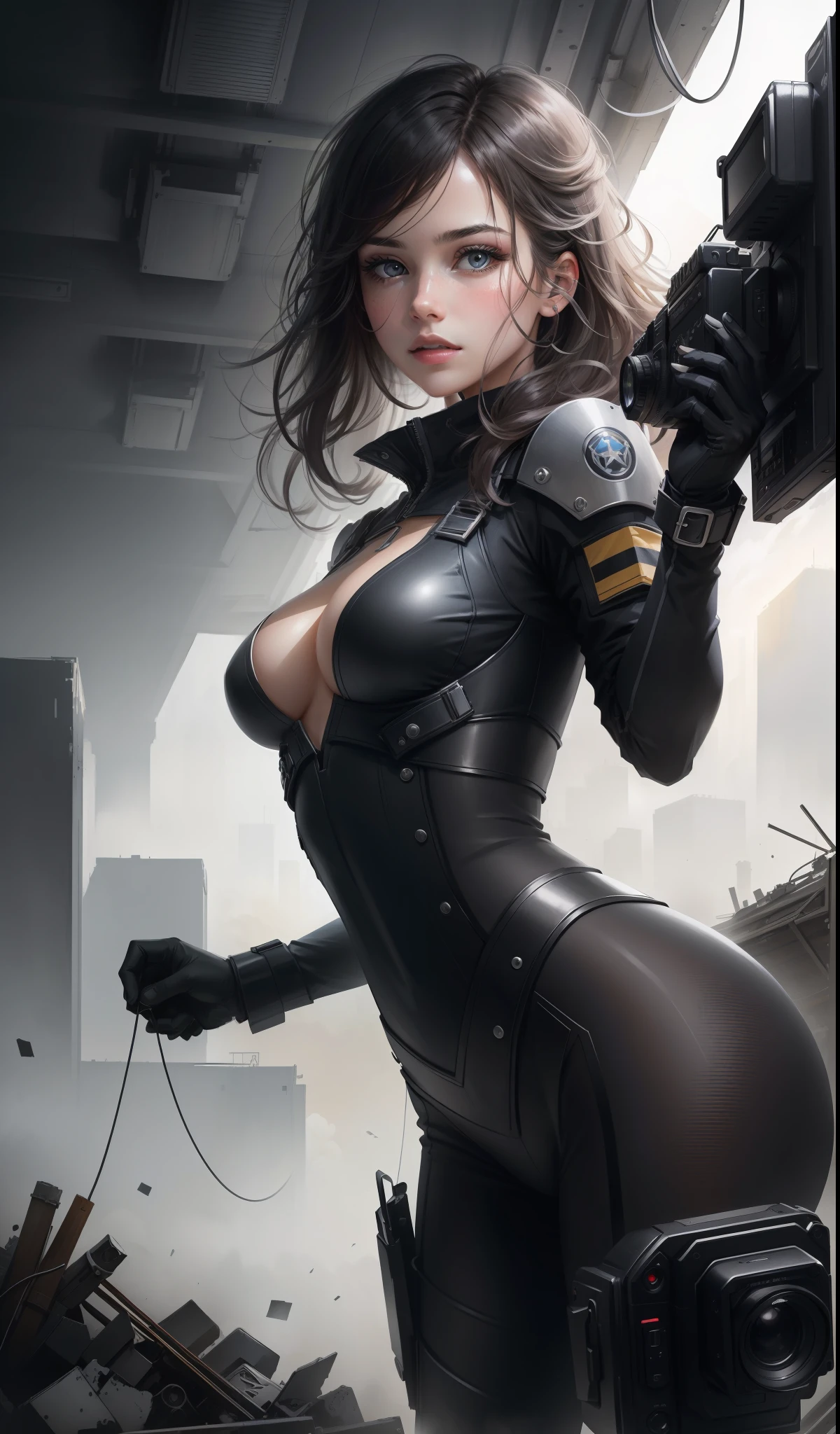 1girl:1.3), solo, ((very detailed face)))), ((very detailed eyes and face))), beautiful detail eyes, body parts__, official art, unified 8k wallpaper, super detailed, beautiful and beautiful, beautiful, masterpiece, best quality, original, masterpiece, super fine photo, best quality, super high resolution, realistic realism, sunlight, full body portrait, amazing beauty, , dynamic pose, delicate face, vibrant eyes, (from the front), She wears a combat suit, black and white color scheme, female military uniform, very detailed abandoned warehouse background, detailed face, detailed complex busy background, messy, gorgeous, milky white, highly detailed skin, realistic skin details, visible pores, clear focus, volumetric fog, 8k uhd, DSLR camera, high quality, film grain, fair skin, photo realism, lomography, futuristic dystopian giant metropolis, seen from below, translucent