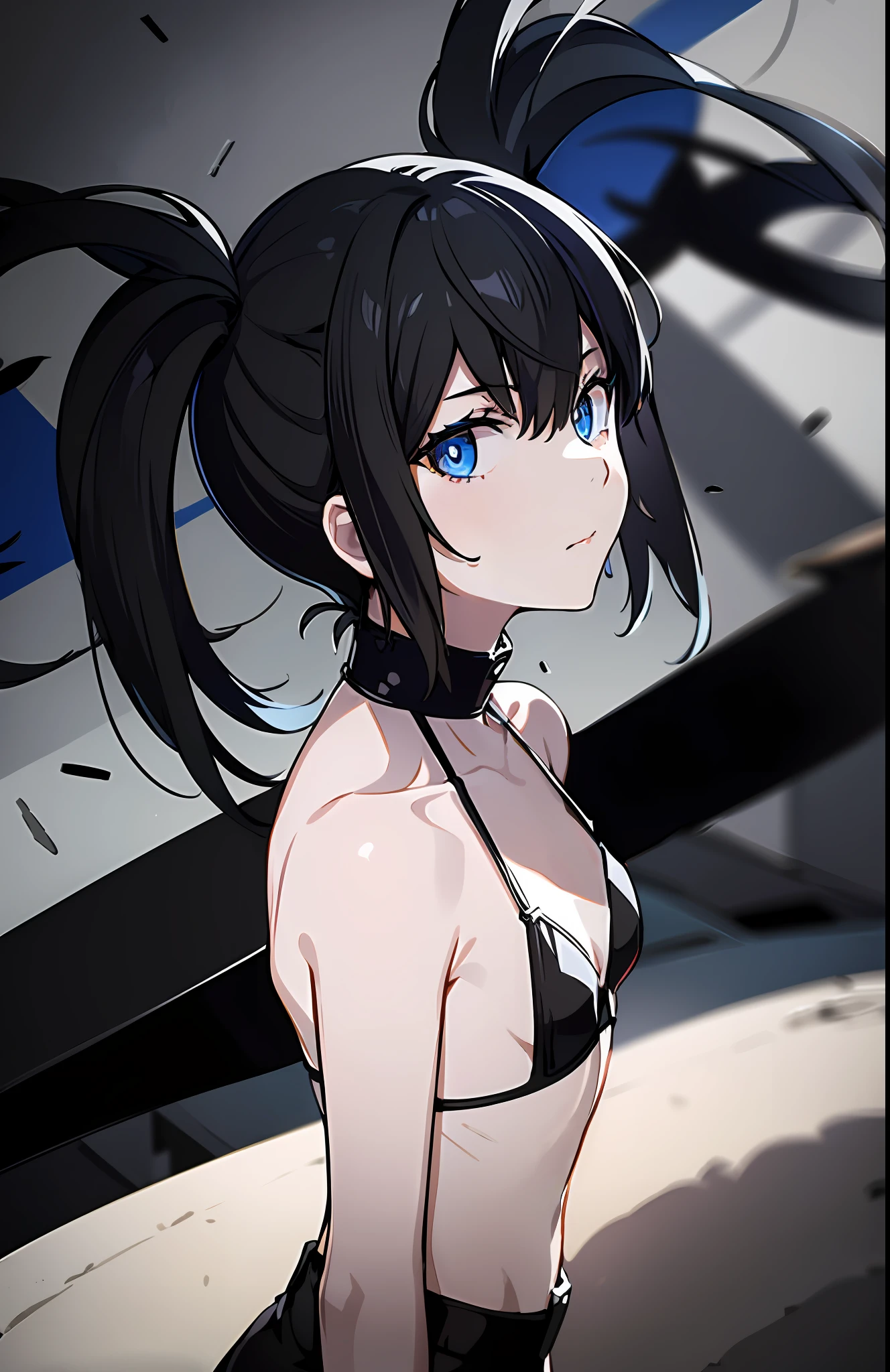 1girl, (solo:1.2), ((masterpiece)), (shadow), [slim], (small breasts), ((sharp focus)), pale skin, ((detailed eyes)), (blurry background), black rock shooter, twintails, blue eyes, black hair, (shorts), collarbone