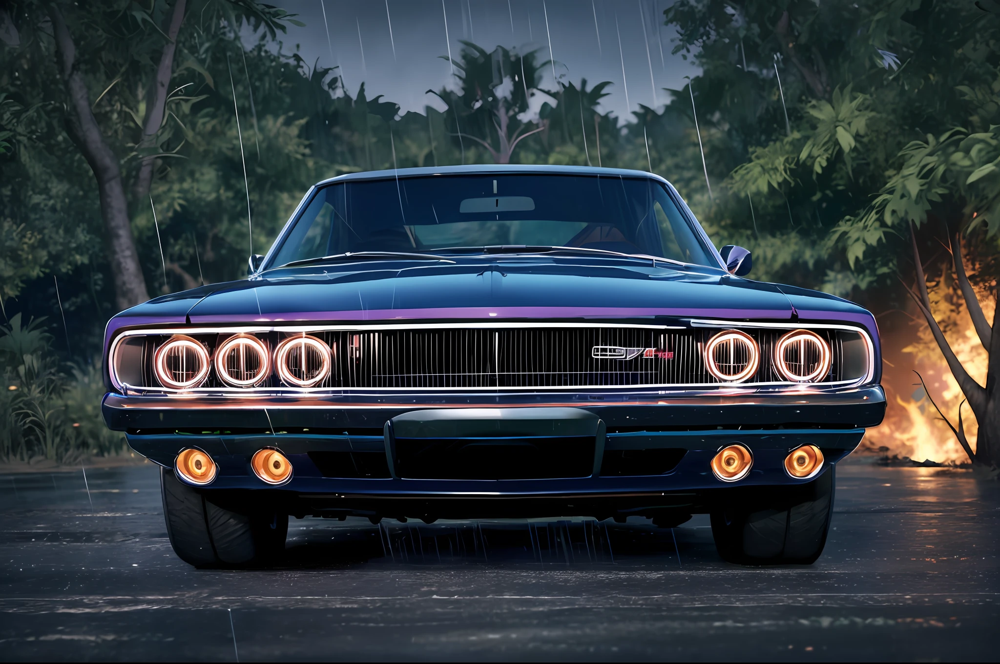Somber photo of a car Dodge Charger 1968 Pink phosphorescent candy effect, eye-catching, wide daytona lantas, green wheels, fire in exhaust, driving through the jungle (at night), ((heavy rain)), panthers and leopards walking, ((night)), high detail, sharp focus, (photorealism), realistic, best quality, 8k, award-winning, dramatic lighting, epic, cinematic, masterpiece, tire light, environmental fog: 1.2, summer, heat distortion, black birds,