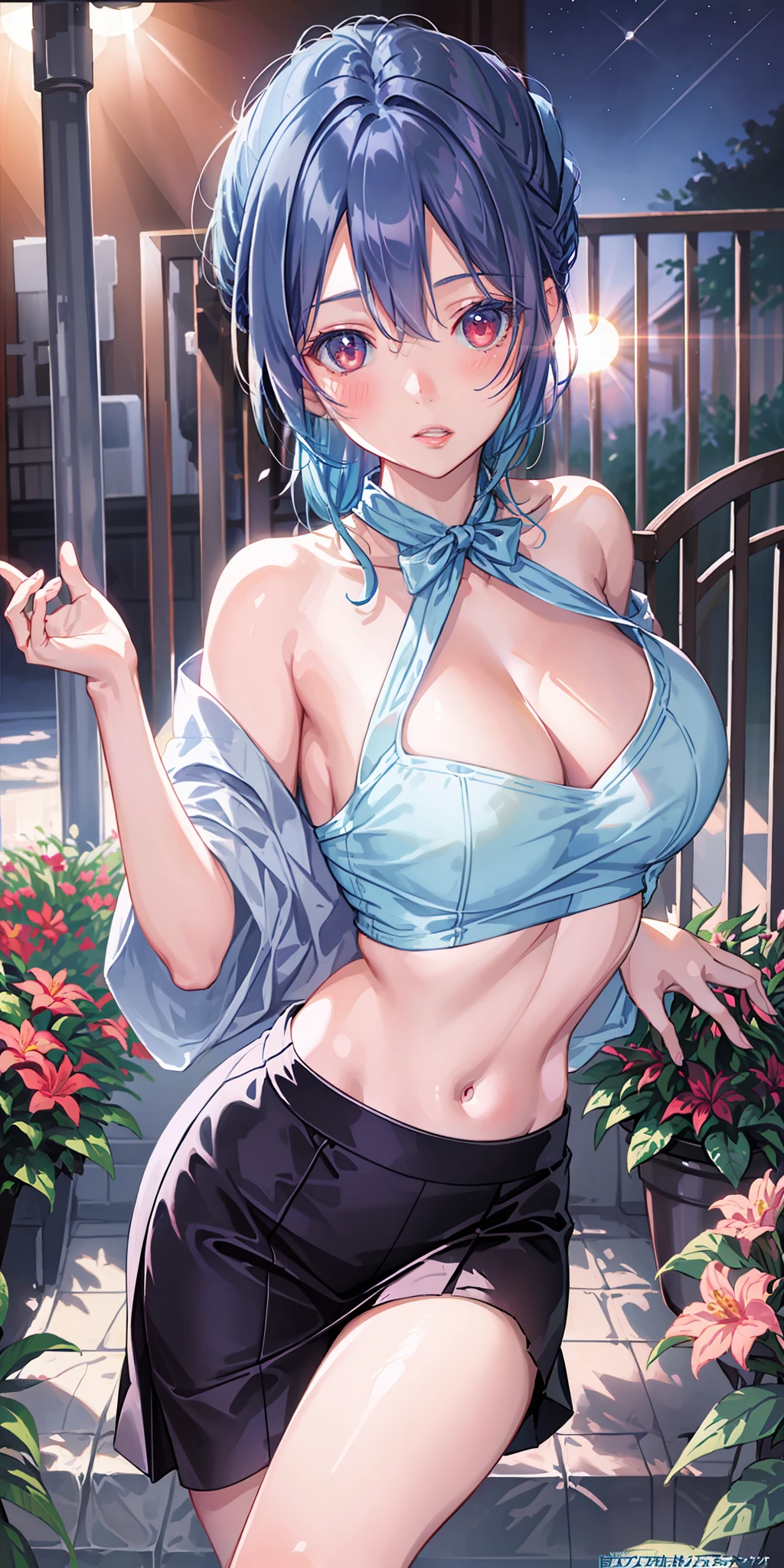 Realistic, 1girl, blue hair, red eyes, glowing eyes, cropped top, skirt, parted lips, blush, night, flowers, sun, sunlight, azure route saint luise, big breasts
