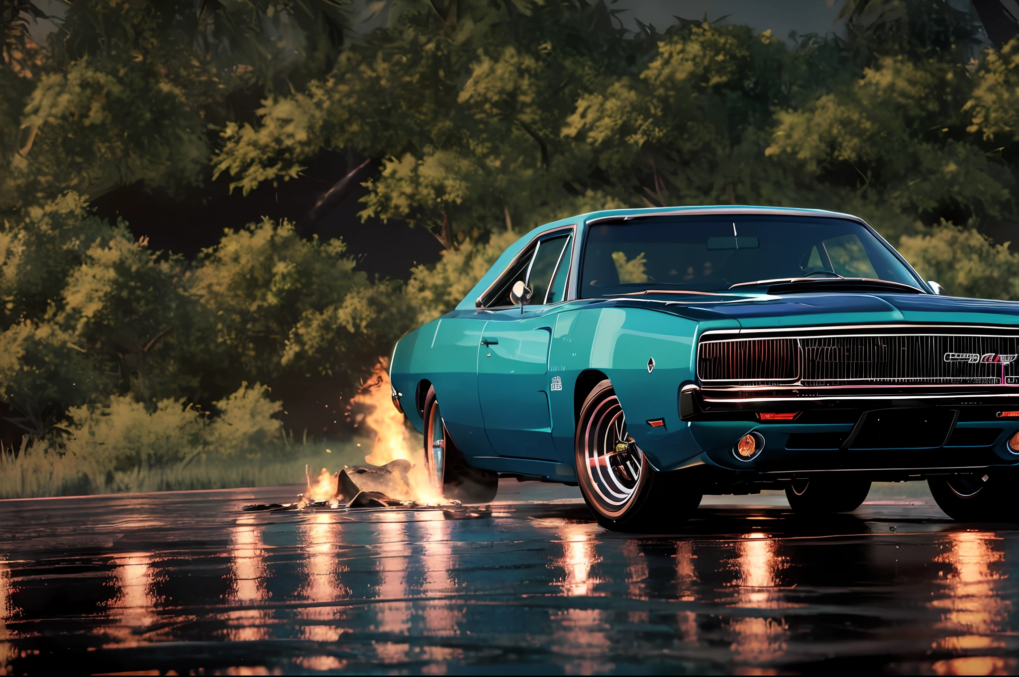 Somber photo of a car Dodge Charger 1968 Pink phosphorescent candy effect, eye-catching, wide daytona lantas, green wheels, fire in exhaust, driving through the jungle (at night), ((heavy rain)), panthers and leopards walking, ((night)), high detail, sharp focus, (photorealism), realistic, best quality, 8k, award-winning, dramatic lighting, epic, cinematic, masterpiece, tire light, environmental fog: 1.2, summer, heat distortion, black birds,