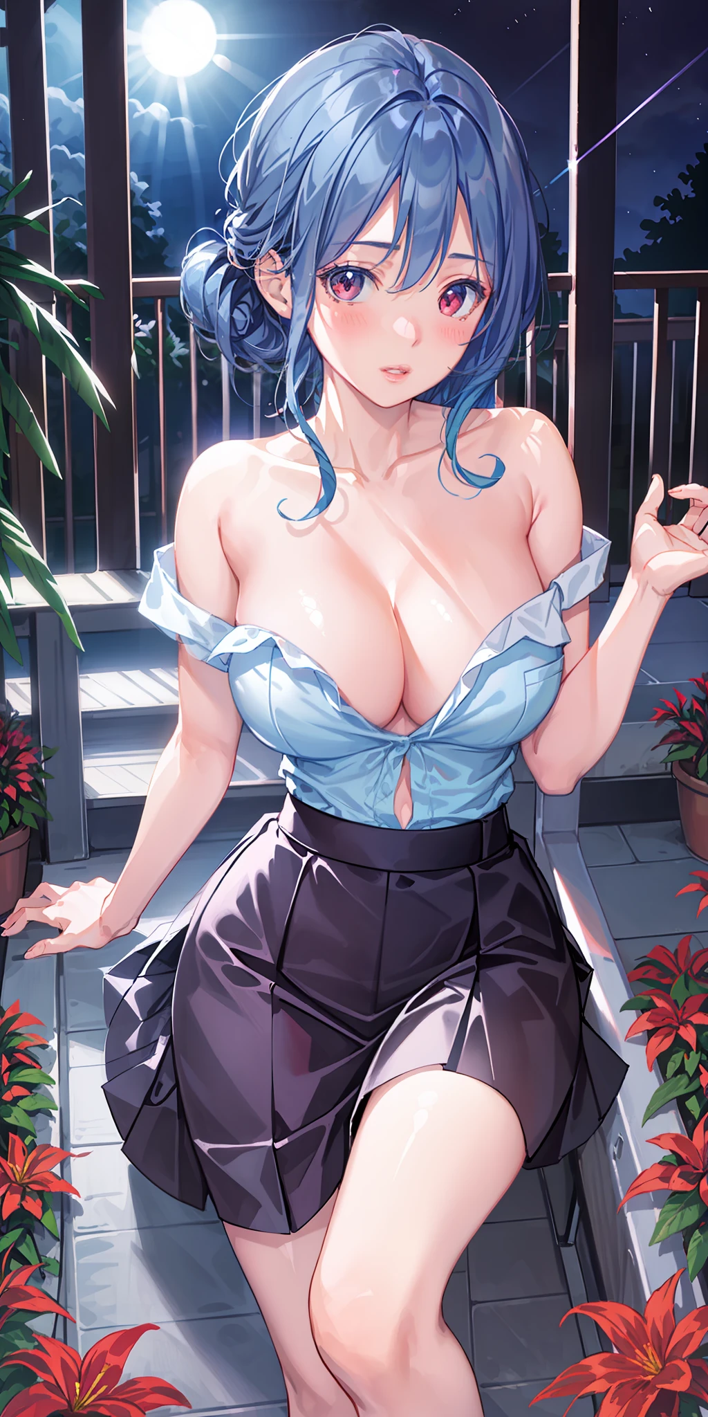 Realistic, 1girl, blue hair, red eyes, glowing eyes, cropped top, skirt, parted lips, blush, night, flowers, sun, sunlight, azure route saint luise, big breasts