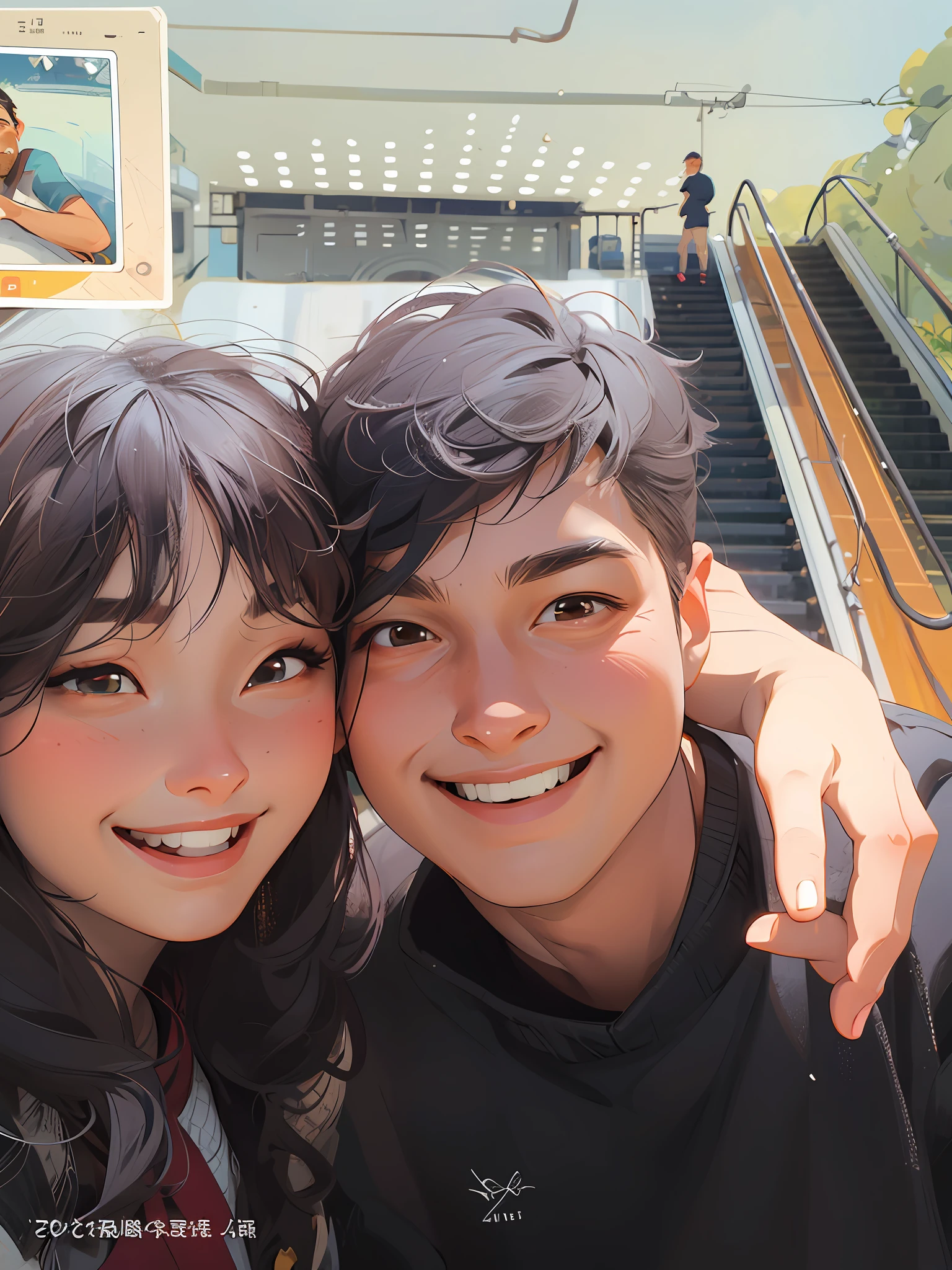 Two-dimensional painting style, animation and comic style, flat picture, small fresh style, simple background, small fresh, concise, simple picture. There are two people posing at the bus stop to take pictures, shut up, shallow smile, happy couple, cute couple, Ruan Jia and Zhong Fenghua, 8K selfie photos,