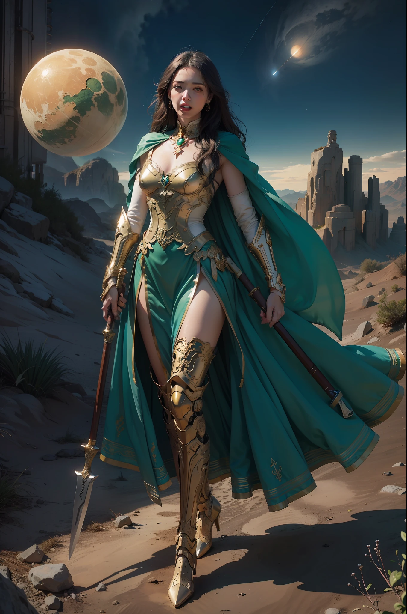Extra terrestrial humanoid male, magical and technological being, holding a technological staff, holding a magic axe, elegant, mouth with vampire teeth, eyes of golden color (ultra details), full body, intricate details, medium plane viewing angle, clothes with mechanical plates in gold and green color, robotic parts, desert landscape with sky showing various planets and stars, volumetric lights, ultra realistic, 8k, intricate details