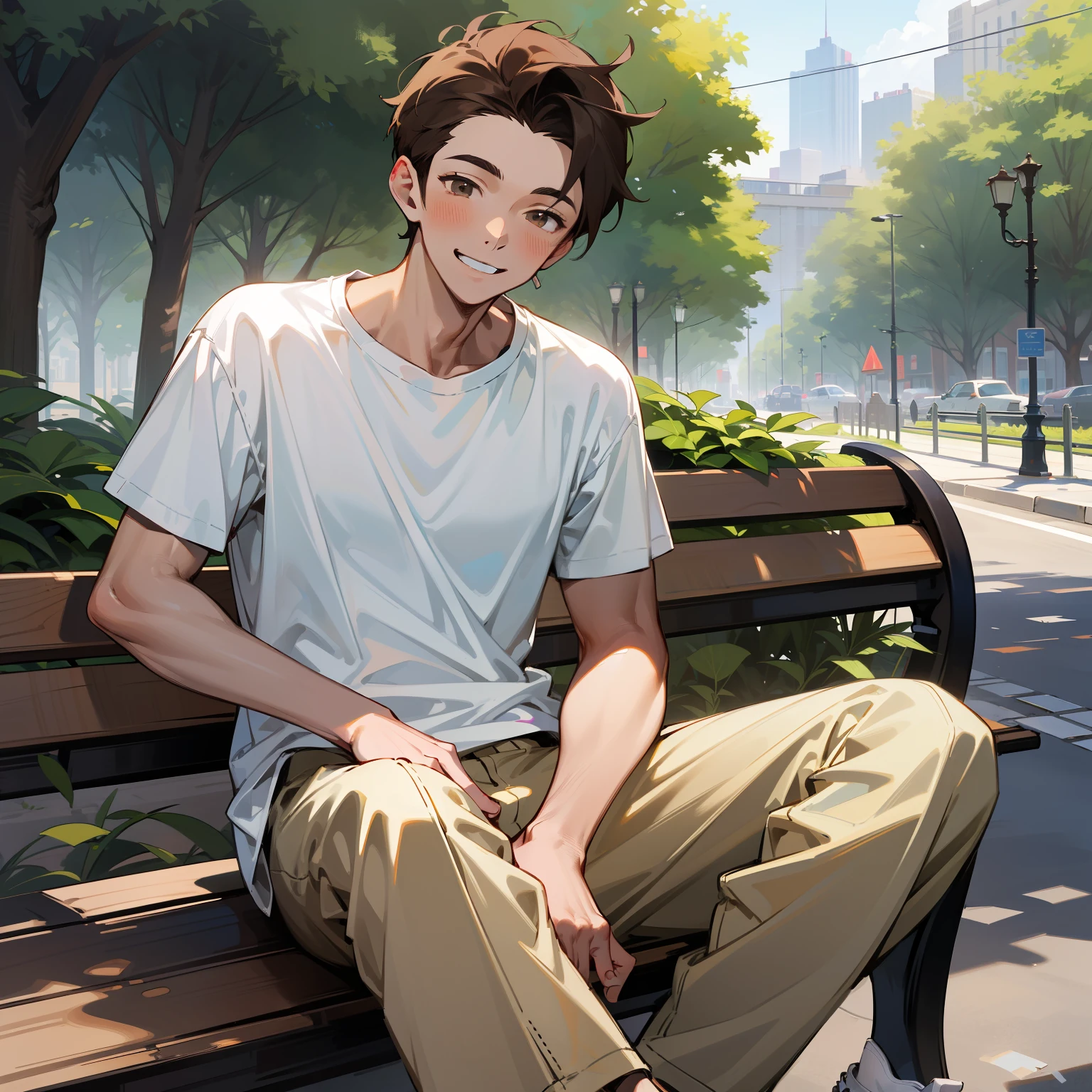 (absurdres, highres, ultra detailed, HDR), masterpiece, best quality, 1boy, solo, handsome, dark brown hair, finely eye and detailed face, forehead, ((loose white t-shirt)), sneaker, (pale and white skin), look at viewer, ear piecing, , smile, sitting on bench, park in background, full body view