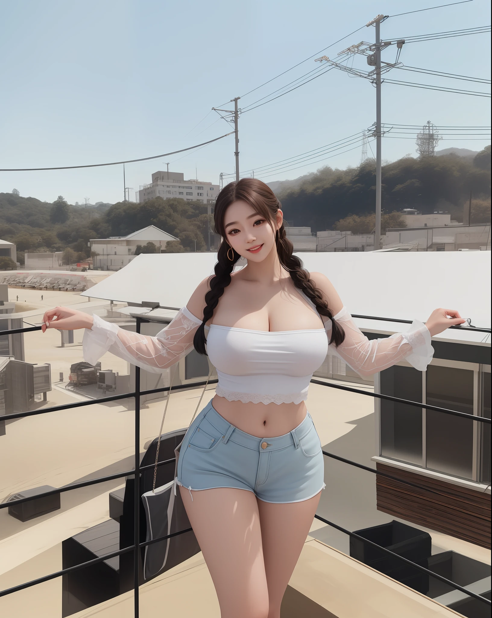 An Idol k-pop girl, cute face, braid hair, intricate face details, detailed face, golden ratio face, ((big breasts:1, slim waist, big butt, big hip, big thighs)), (intricate hands, intricate feets), full body, 64K, UHD, HDR, global illumination, (high quality, high detailed, hyper detailed, extremely detailed), photo realistic, ultra realistic, art photo, (clarify the details, detailed parts body), intricate artwork masterpiece, trending on artstation, (lewd face), shoft smile, tight clothes, city backgroud