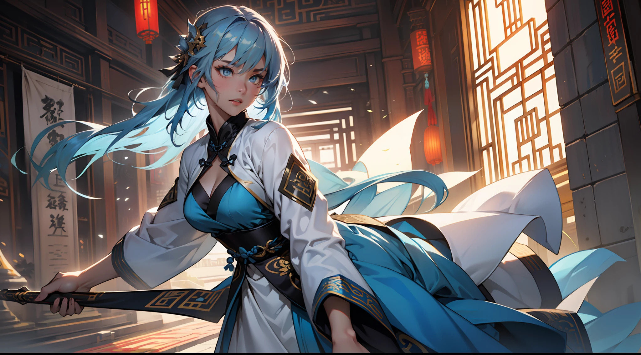 (((agirl))), (((Blue Eyes))),(((Long Blue hair))),Light blue dress with white light gauze jacket, young woman graceful and dignified, (背景:在中国古代神圣、富丽堂皇的宫殿中)。