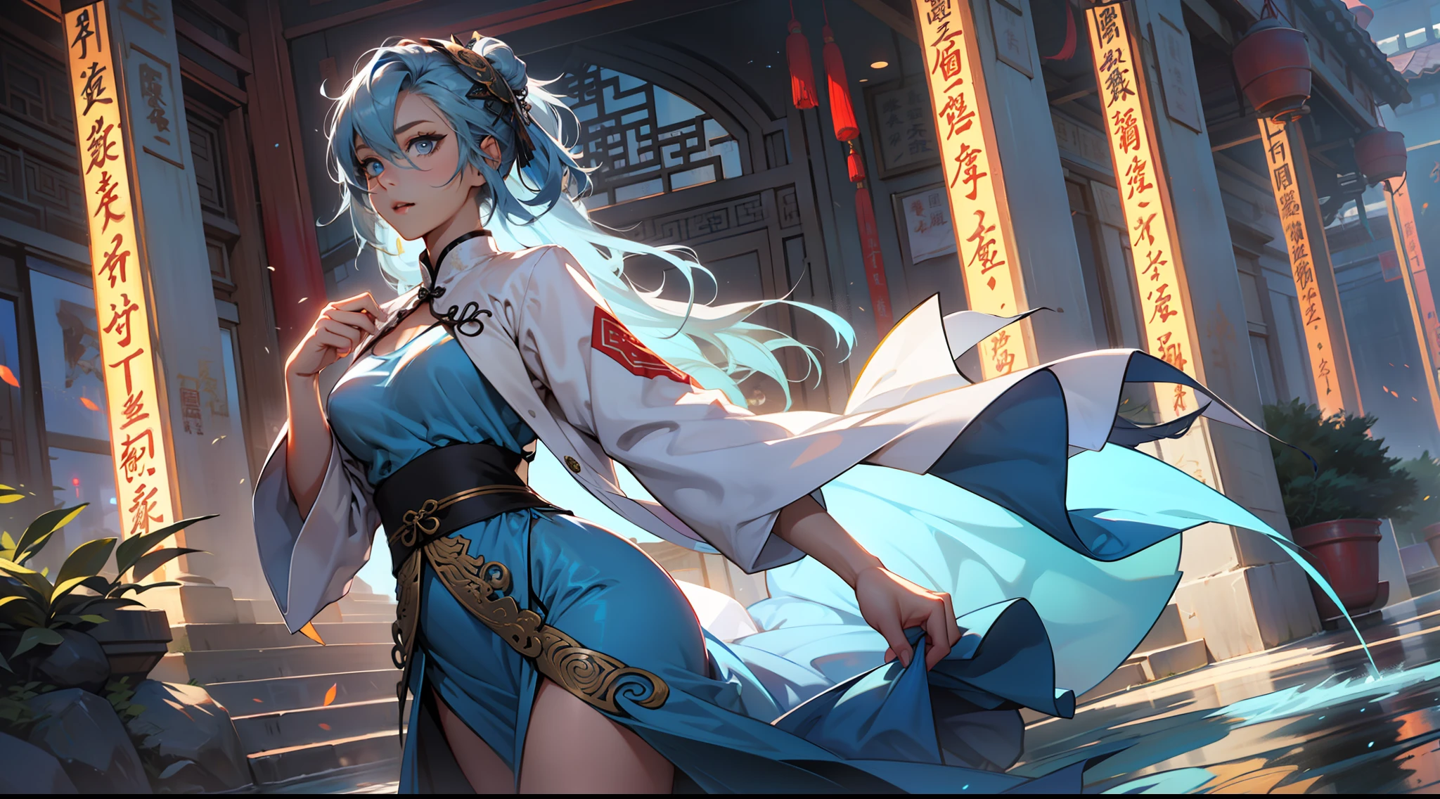 (((agirl))), (((Blue Eyes))),(((Long Blue hair))),Light blue dress with white light gauze jacket, young woman graceful and dignified, （背景：在中国古代神圣、富丽堂皇的宫殿中）。