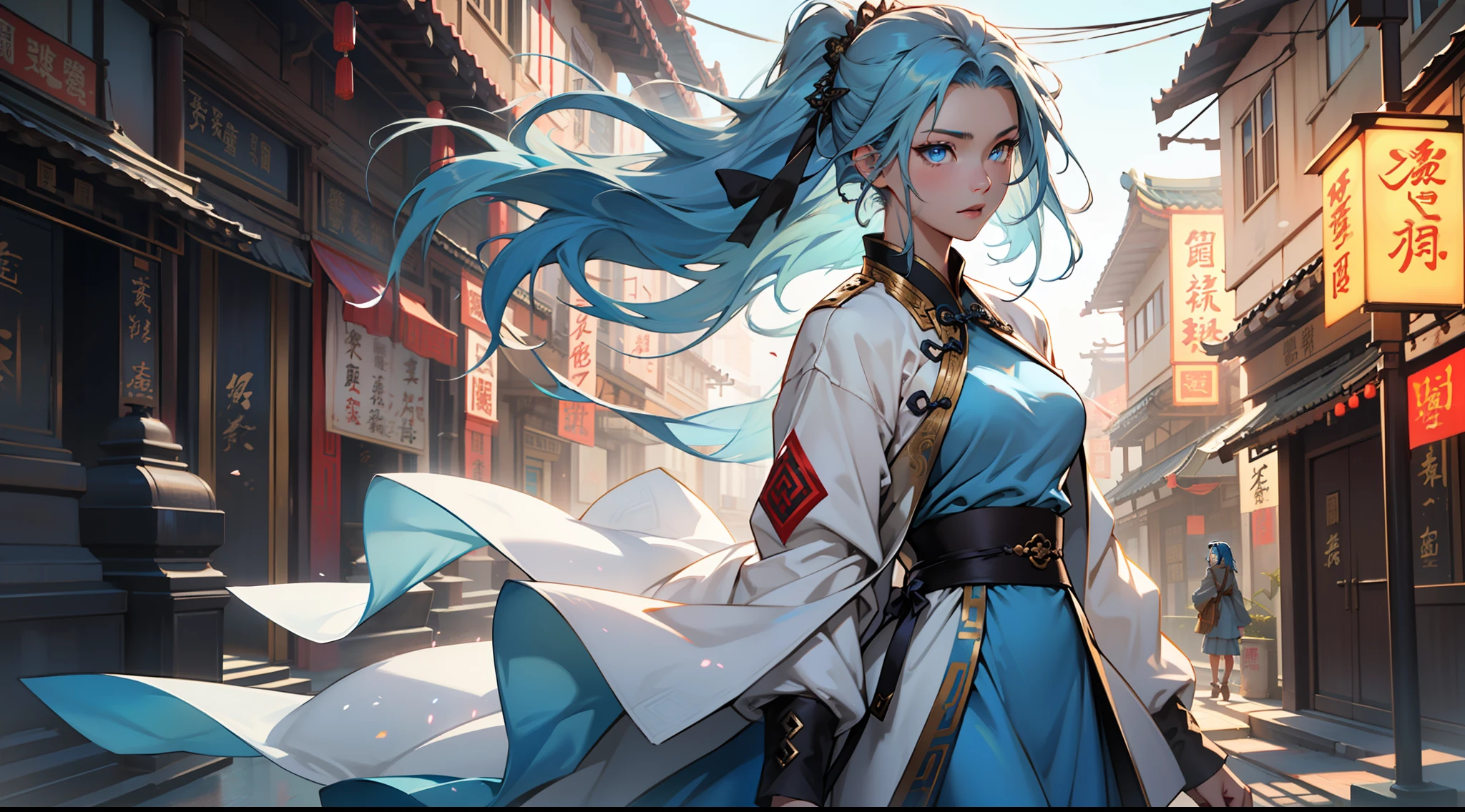 (((agirl))), (((Blue Eyes))),(((Long Blue hair))),Light blue dress with white light gauze jacket, young woman graceful and dignified, （背景：在中国古代神圣、富丽堂皇的宫殿中）。