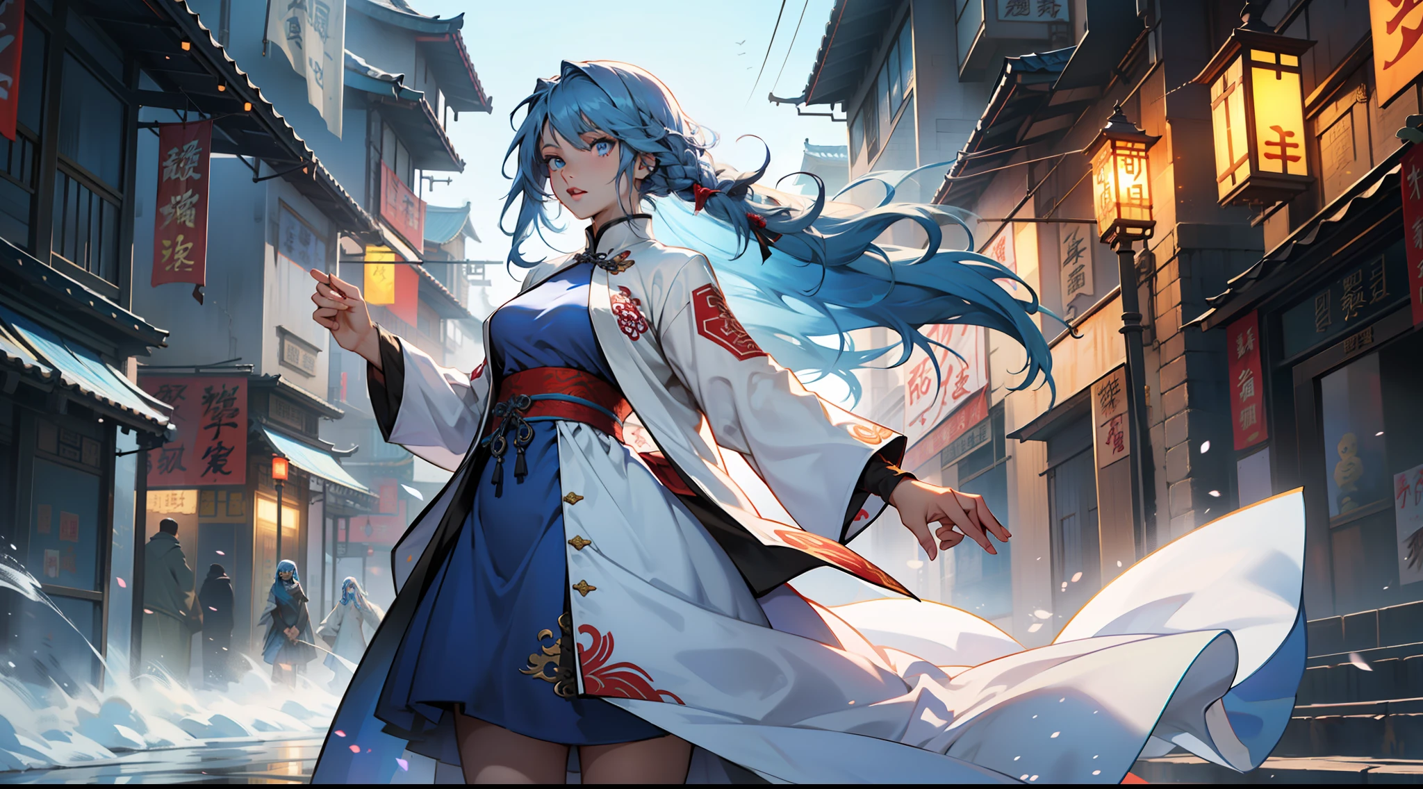 (((agirl))), (((Blue Eyes))),(((Long Blue hair))),Light blue dress with white light gauze jacket, young woman graceful and dignified, (背景:在中国古代神圣、富丽堂皇的宫殿中)。