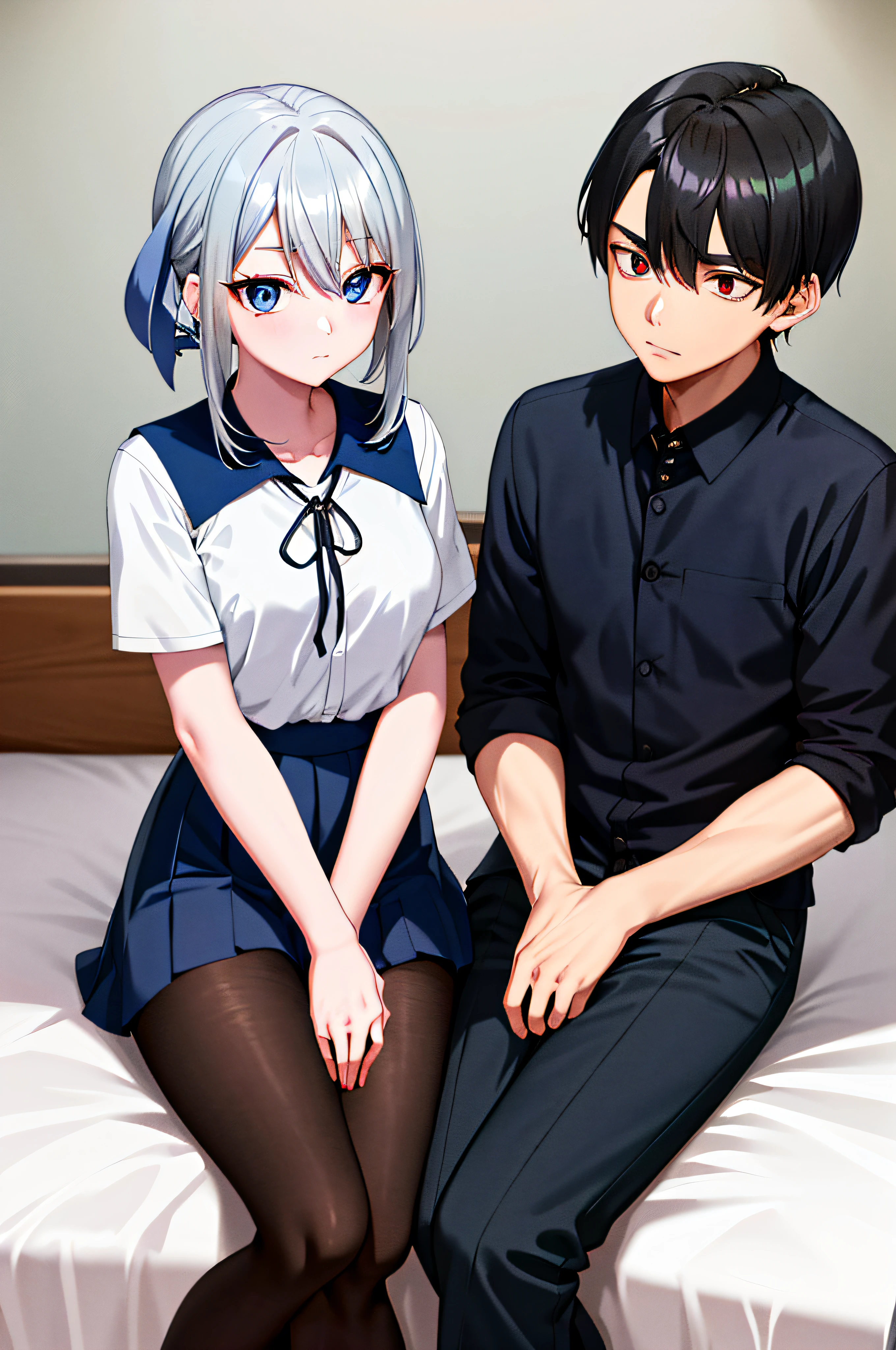 (masterpiece), (best quality), highres, ((((1girl she has gray hair with blue eyes and 1boy he has short black hair with red eyes who are classmates))))), ((((They have different hair colors and eyes do not confuse)))), (draws Kei and kiyotaka ayanokoji looking at each other), (2schoolmates who are Kei and kiyotaka ayanokoji looking at each other), (kei1), (1girl), solo, ((((she has blue eyes)))), (she has long hair), (she wears a school uniform), (she has ribbon), (she has bangs), collarbone, she has gray hair, she has black hair band, she has neck ribbon, hair between her eyes, she has medium breasts, cowboy shot, she is looking seriously at kiyotaka ayanokoji, anatomically correct whole body, is inside a school room, is sitting on a bed with her legs together, full detached scenary, (1boy), (kiyotaka ayanokoji), -yeld teger, school uniform white shirt black jacket open jacket red tie long black pants sitting, ((((he has red eyes)))), ((he has short black hair)), anatomically correct whole body, he has a jesus necklace around his neck, normal legs, wears black shoes, (he's looking at Kei1 or the girl), he's sitting in a chair, he's facing Kei, (full detailed escenario), ((mystery)), ((terror)), ((suspense)), ((They're abrazed)), ((oscuro environment))
