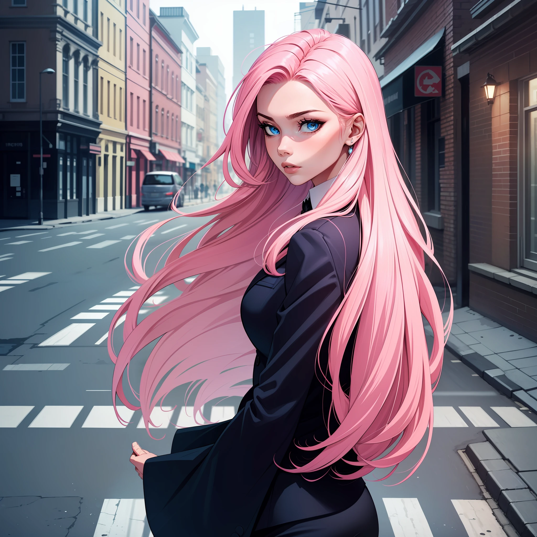 A woman alone, pink hair, long hair, blue eyes, on the empty street, suit