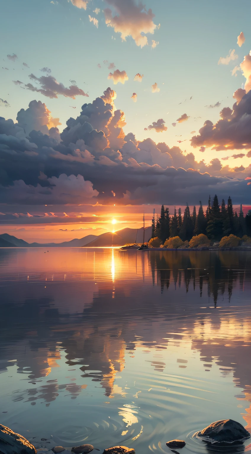 Imagine a serene landscape, with calm and crystal clear waters reflecting the last rays of sunshine of the day. The sky is painted in shades of orange, pink and gold, creating a magical and tranquil atmosphere. The gentle breeze caresses your face as you contemplate this scene. In this scenario, you feel God's presence in a deep and comforting way. The harmony between the colors of the sky and the reflection in the waters conveys a sense of unity between the divine and nature. It is as if God is present in every ray of sunshine that is reflected in the water, enveloping everything with love and peace. God's presence is felt in the serenity of the landscape, in the stillness of the waters and in the spectacle of the sunset. It is as if God Himself is painting the sky and blessing the world with His beauty and grace. It is a sacred time to connect with the divine, to find inner peace and to renew faith. Water represents life and purification, and in this landscape, it is a reminder of God's care for us. Just like cleansing and refreshing water, God purifies and renews us with His presence and unconditional love. In the presence of God, the waters become a symbol of healing and spiritual renewal. In this landscape of a morning with the sunset, in the tranquil waters, the presence of God is intensely felt. It is a time to connect with the divine, to reflect on His greatness, and to feel enveloped by His peace and love. It's a scene that inspires gratitude, reverence, and trust in God's constant presence in our lives. --auto