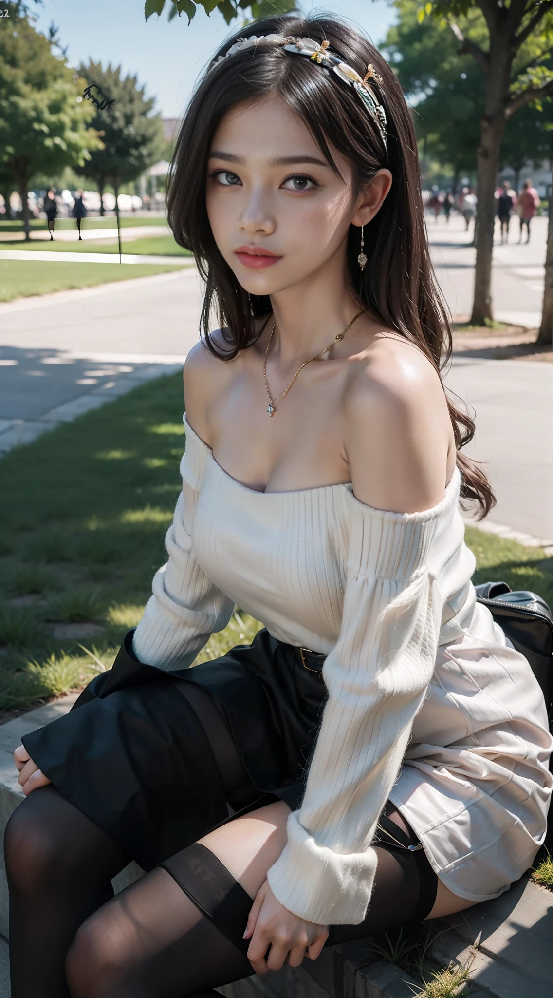 Best quality, masterpiece, super high resolution, (Realism: 1.4), Original photo, 1girl, offshoulder, In the dark, deep shadows, low-key, cold light, in the park, black stockings, high heels, professional wear of the best quality, masterpiece, high resolution, 1girl, transparent silk porcelain dress, beautiful face, hair accessories, looking at the audience, smile, close mouth, lips, dress, hair accessories, necklaces, jewelry, long hair, earrings, beautiful face, on the body, Tyndall effect, realism, dark studio, edge lighting, two-tone lighting, (high detail skin: 1.2), 8k UHD, DSLR, soft light, high quality, volumetric lighting, sneak peek, photo, high resolution, 4k, 8k, bokeh