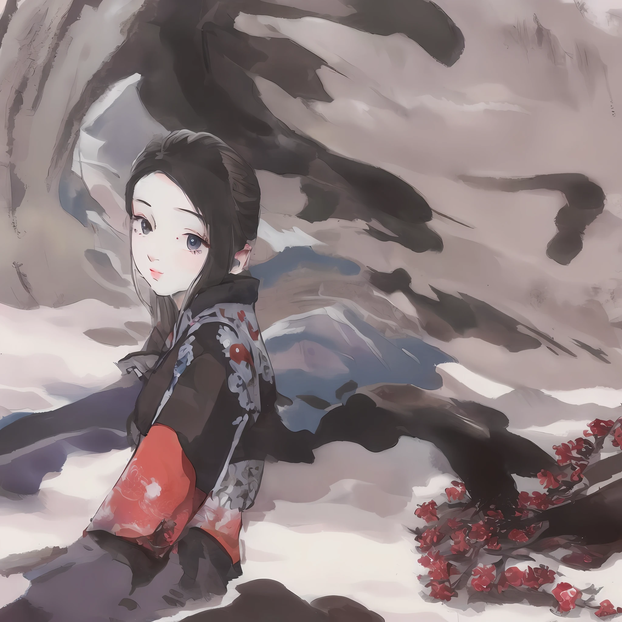 Girl wearing ink painting Mt. Fuji kimono --auto