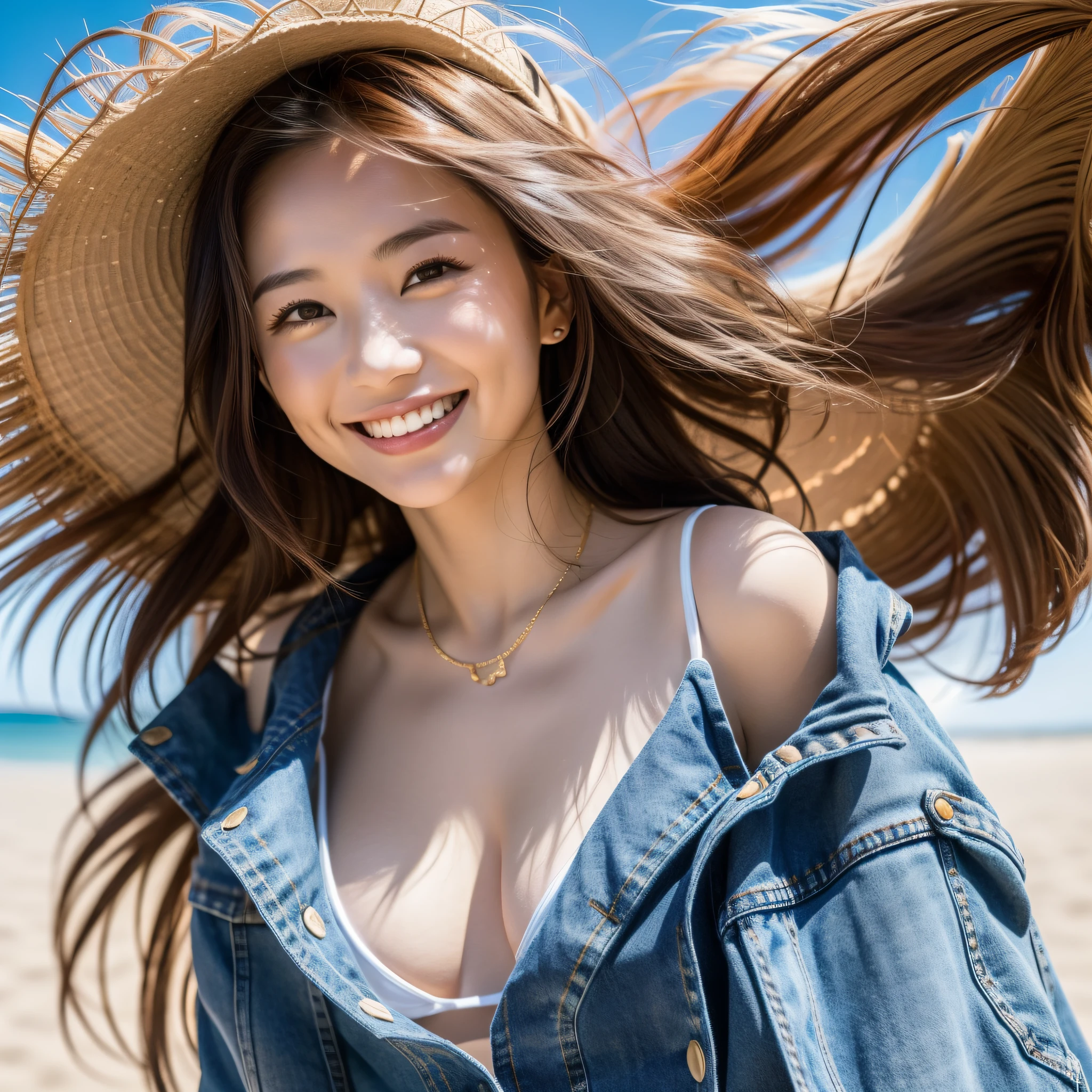 Female model, dressed in fringed denim shorts and bikini top, hands stroking hair, smiling showing white teeth, seaside, golden sand, blue sky, bright sun, Instagram, beach photos, original quality, cinematic lens, delicate face, soft light, blazing summer, colorful, fine skin details.