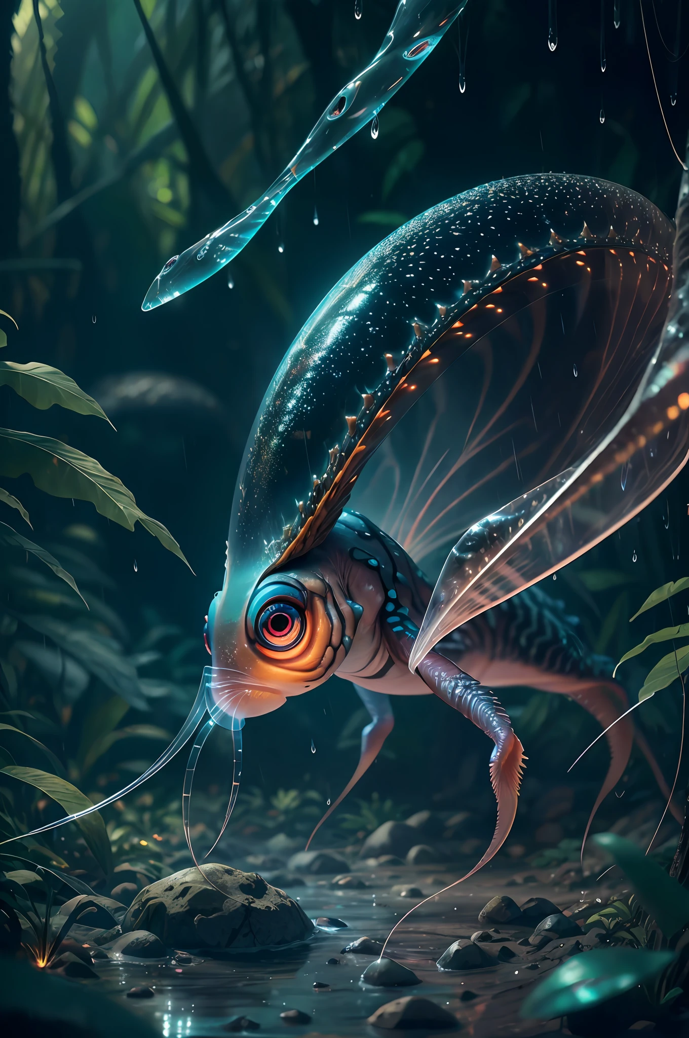 Giant creature on the jungle, six legs creature whith transparent and lighting body, cristal wings, walking on all six legs, (((cuttlefish head))), ((four eyes)), six leghs, in the jungle, jungle, rain forest, high image quality, realistic look, high-resolution photography, 8K, full-frame matrix, deep shadows, ((one character)), (intricate details, subsurface scattering, hyperdetailed:1.15), (hyperrealism, volumetric lighting, sharp:1.5) Fujifilm XT3