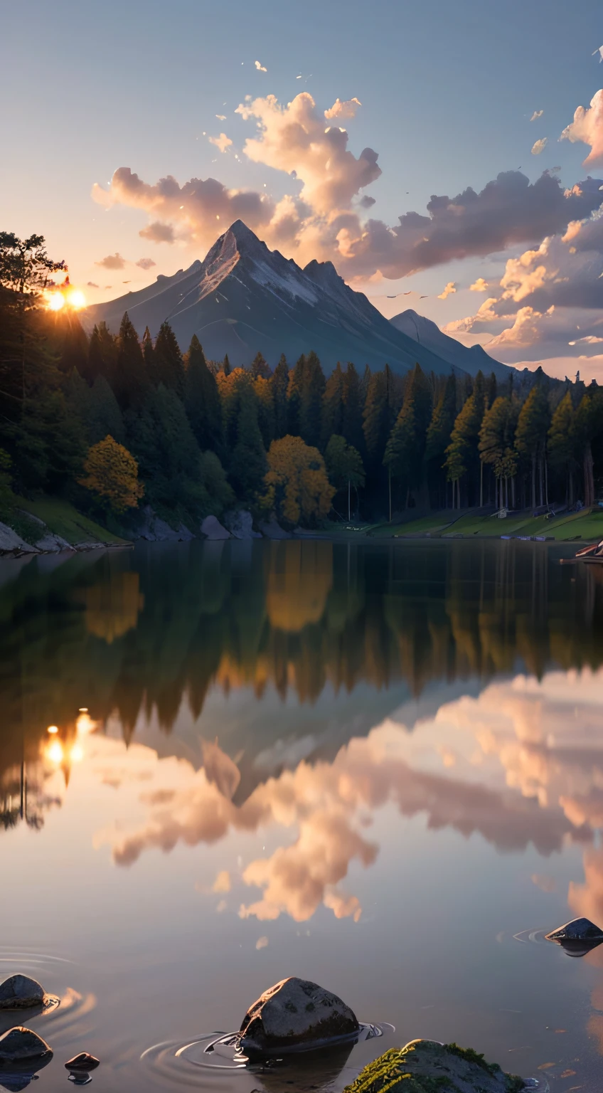 Imagine a serene landscape, with calm and crystal clear waters reflecting the last rays of sunshine of the day. The sky is painted in shades of orange, pink and gold, creating a magical and tranquil atmosphere. The gentle breeze caresses your face as you contemplate this scene. In this scenario, you feel God's presence in a deep and comforting way. The harmony between the colors of the sky and the reflection in the waters conveys a sense of unity between the divine and nature. It is as if God is present in every ray of sunshine that is reflected in the water, enveloping everything with love and peace. God's presence is felt in the serenity of the landscape, in the stillness of the waters and in the spectacle of the sunset. It is as if God Himself is painting the sky and blessing the world with His beauty and grace. It is a sacred time to connect with the divine, to find inner peace and to renew faith. Water represents life and purification, and in this landscape, it is a reminder of God's care for us. Just like cleansing and refreshing water, God purifies and renews us with His presence and unconditional love. In the presence of God, the waters become a symbol of healing and spiritual renewal. In this landscape of a morning with the sunset, in the tranquil waters, the presence of God is intensely felt. It is a time to connect with the divine, to reflect on His greatness, and to feel enveloped by His peace and love. It's a scene that inspires gratitude, reverence, and trust in God's constant presence in our lives. --auto