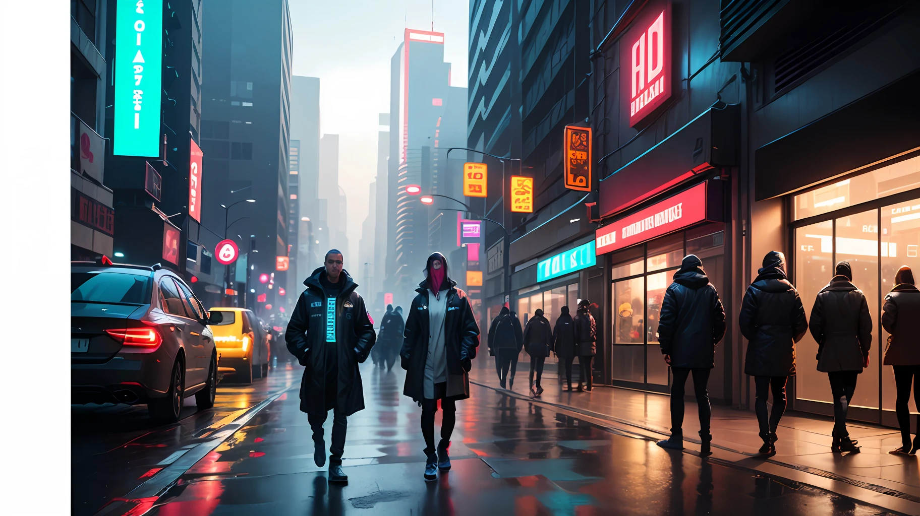 Panoramic of a futuristic city with very tall futuristic buildings, spaceships in the sky, a lot of cyberpunk style neon, people wearing futuristic clothes with covers and transparent plastic overcoats, wet floors, neon advertisements, robots and androids walking on the street along with humans. Detailed scene, cinematic, realistic, uhd, 8k, award-winning photography.